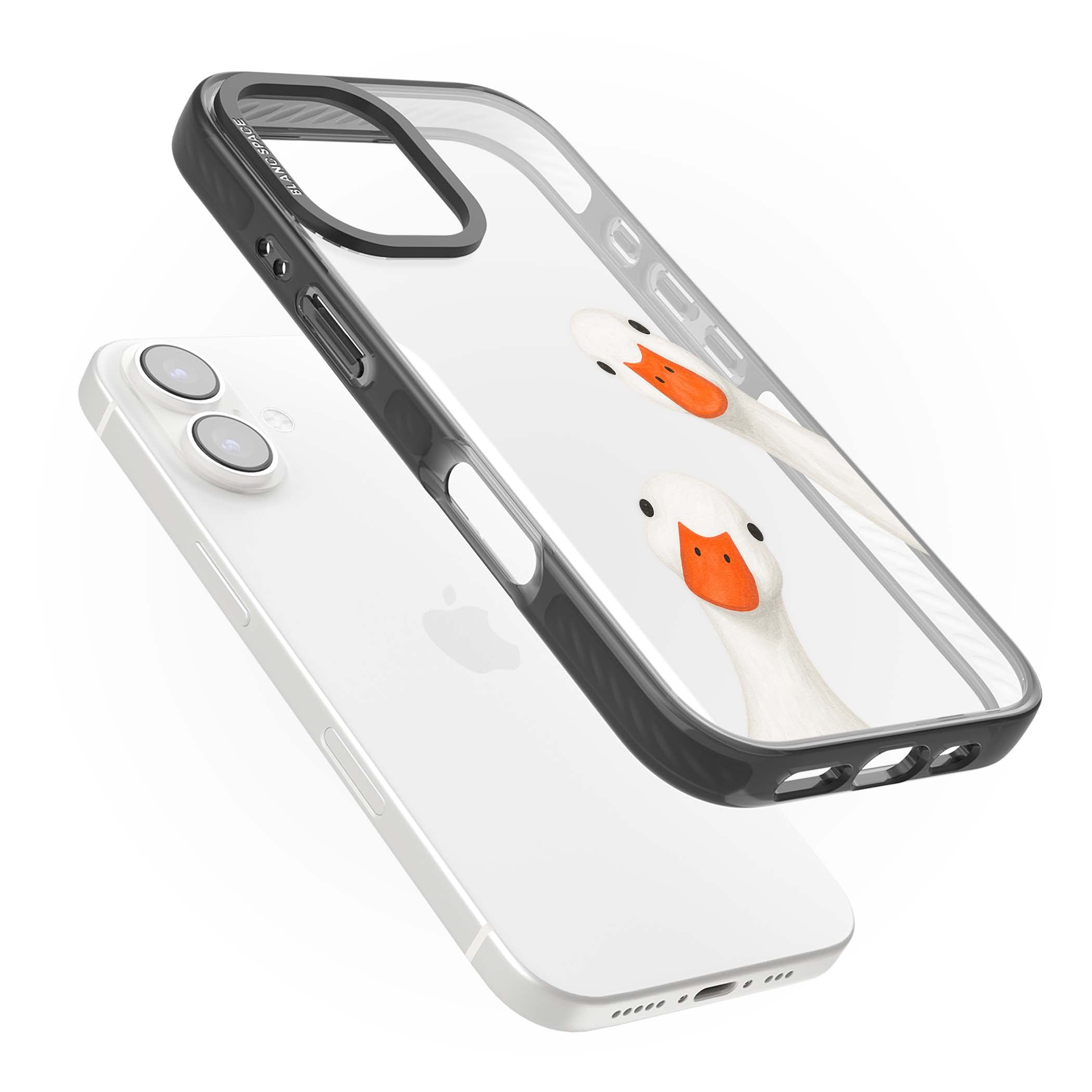 Nosy Ducks cottagecore iPhone case featuring two peeking white ducks with orange beaks on a clear background | Black Impact case for iPhone 16, iPhone 16 Plus