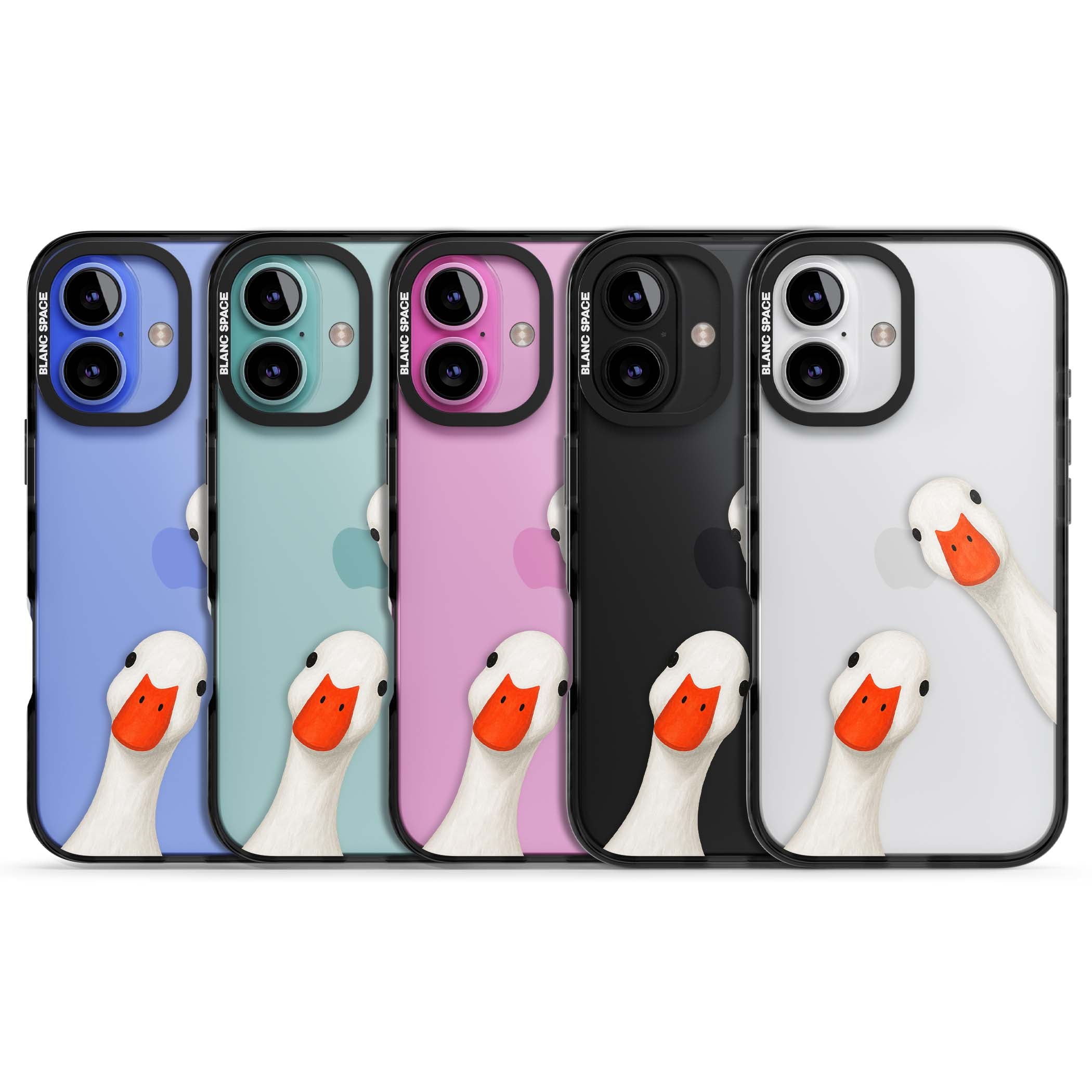 Nosy Ducks cottagecore iPhone case featuring two peeking white ducks with orange beaks on a clear background | Black Impact case for iPhone 16, iPhone 16 Plus