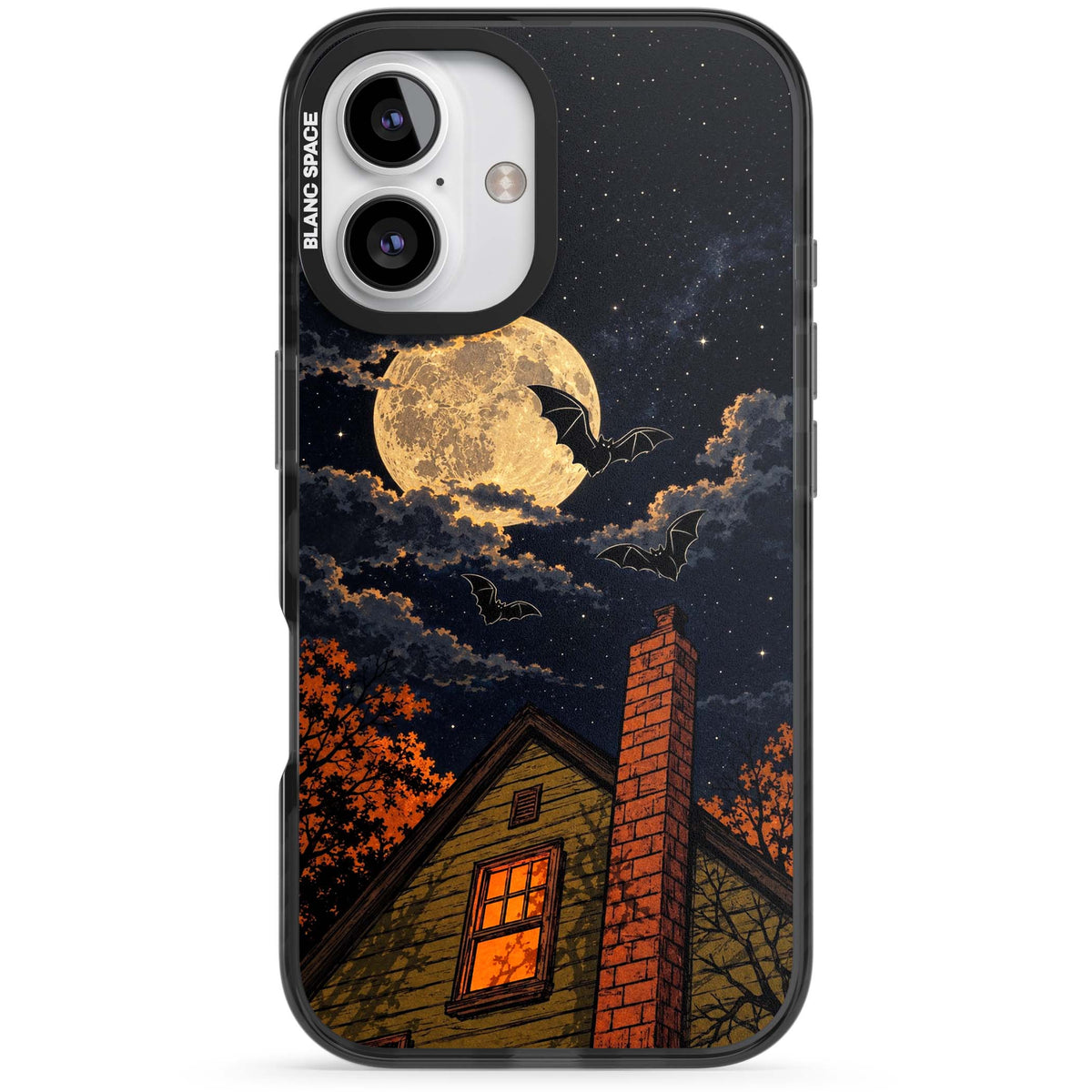 Hollows Eve Halloween iPhone case featuring a haunted house, full moon and flying bats against a starry autumn sky | Black Impact case for iPhone 16, iPhone 16 Plus