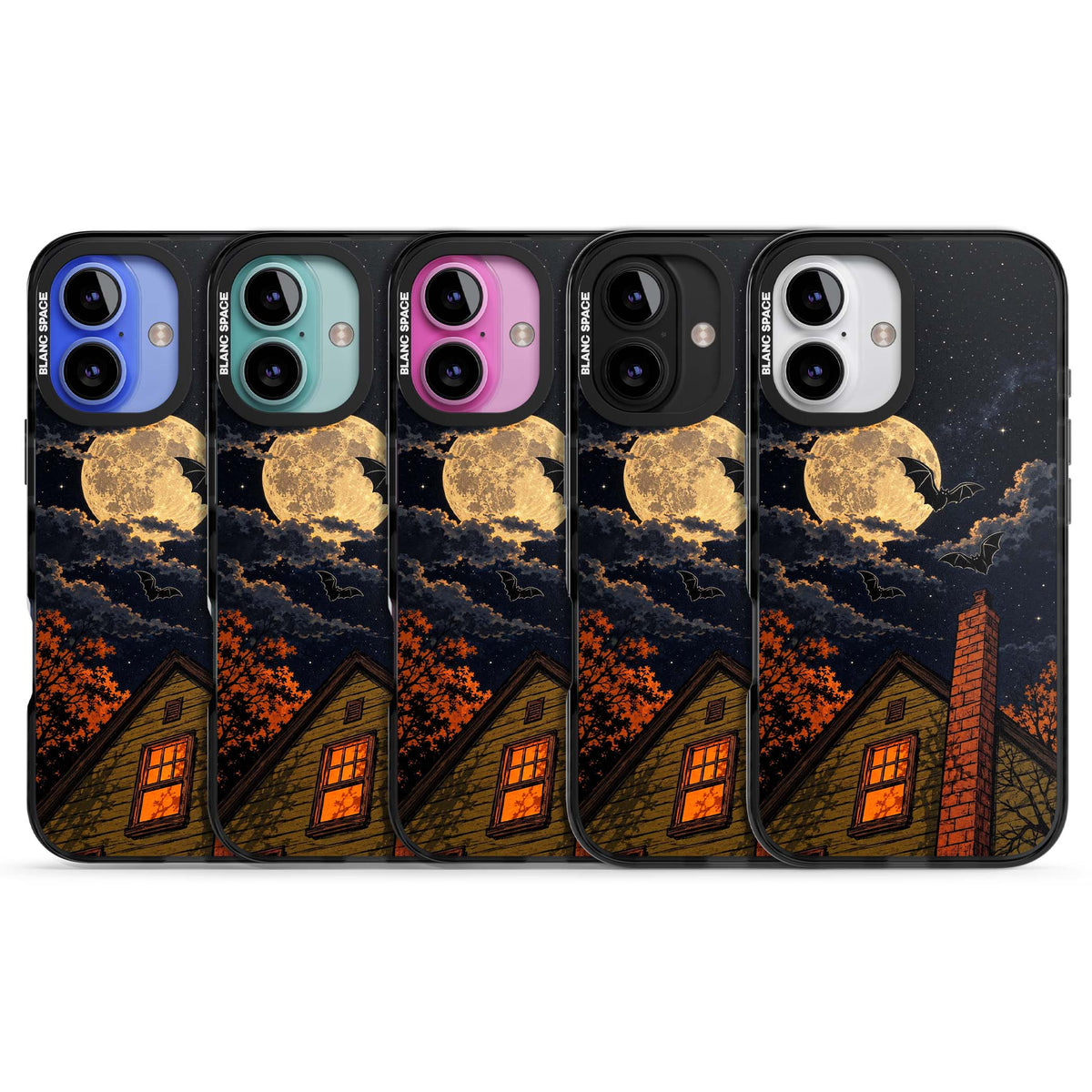 Hollows Eve Halloween iPhone case featuring a haunted house, full moon and flying bats against a starry autumn sky | Black Impact case for iPhone 16, iPhone 16 Plus