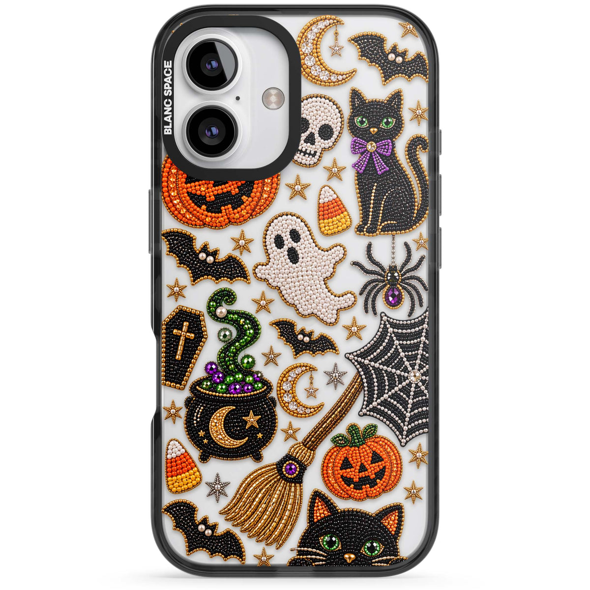 Beaded Halloween Halloween iPhone case featuring beaded pumpkins, ghosts, black cats and bats | Black Impact case for iPhone 16, iPhone 16 Plus