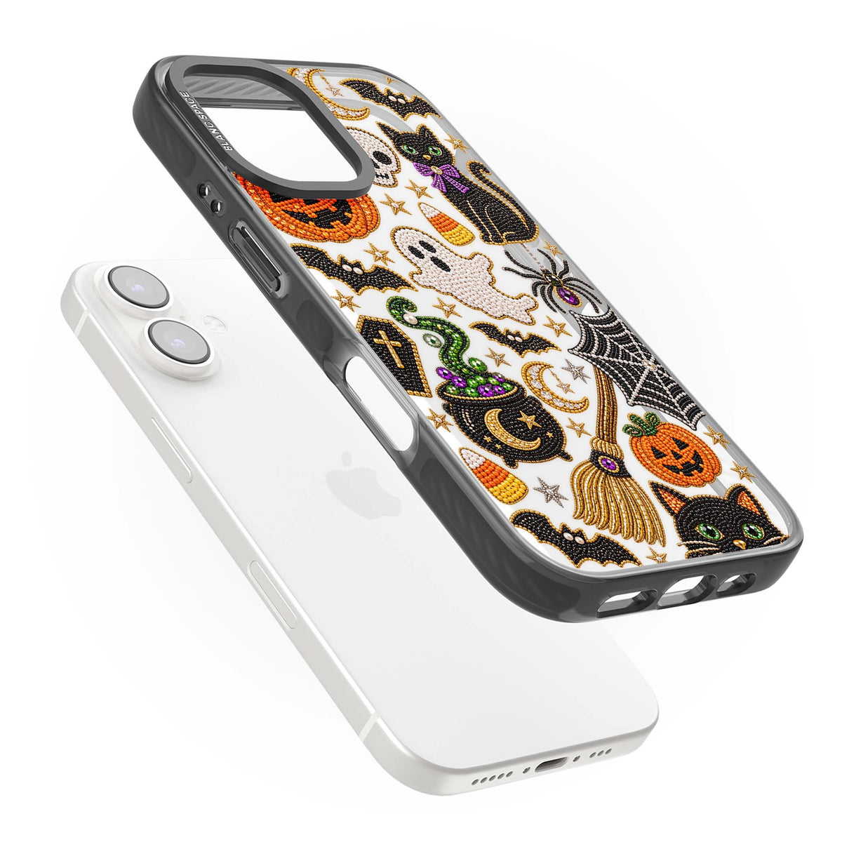 Beaded Halloween Halloween iPhone case featuring beaded pumpkins, ghosts, black cats and bats | Black Impact case for iPhone 16, iPhone 16 Plus