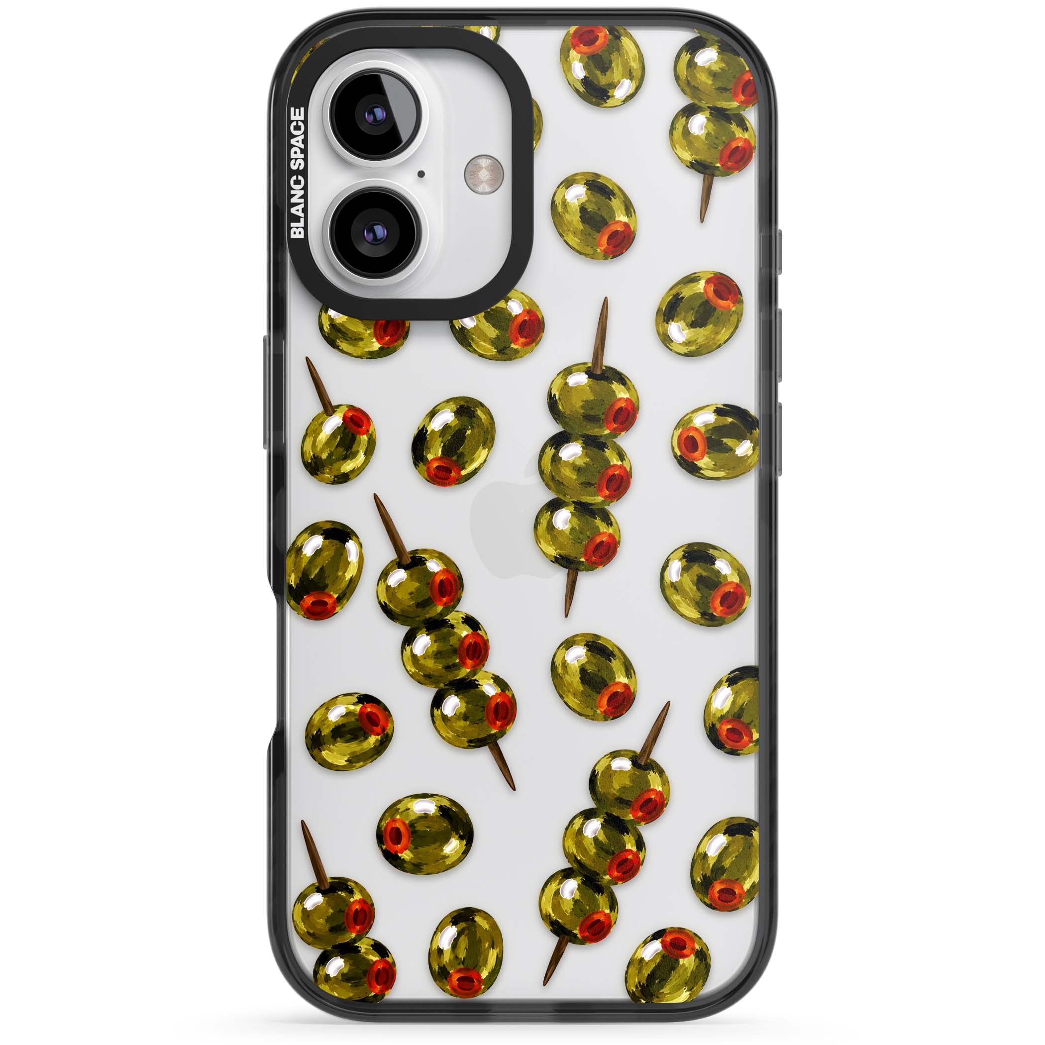 Painted Olives cocktail iPhone case featuring green olives, pimento centres and toothpick skewers on a clear background | Black Impact case for iPhone 16, iPhone 16 Plus