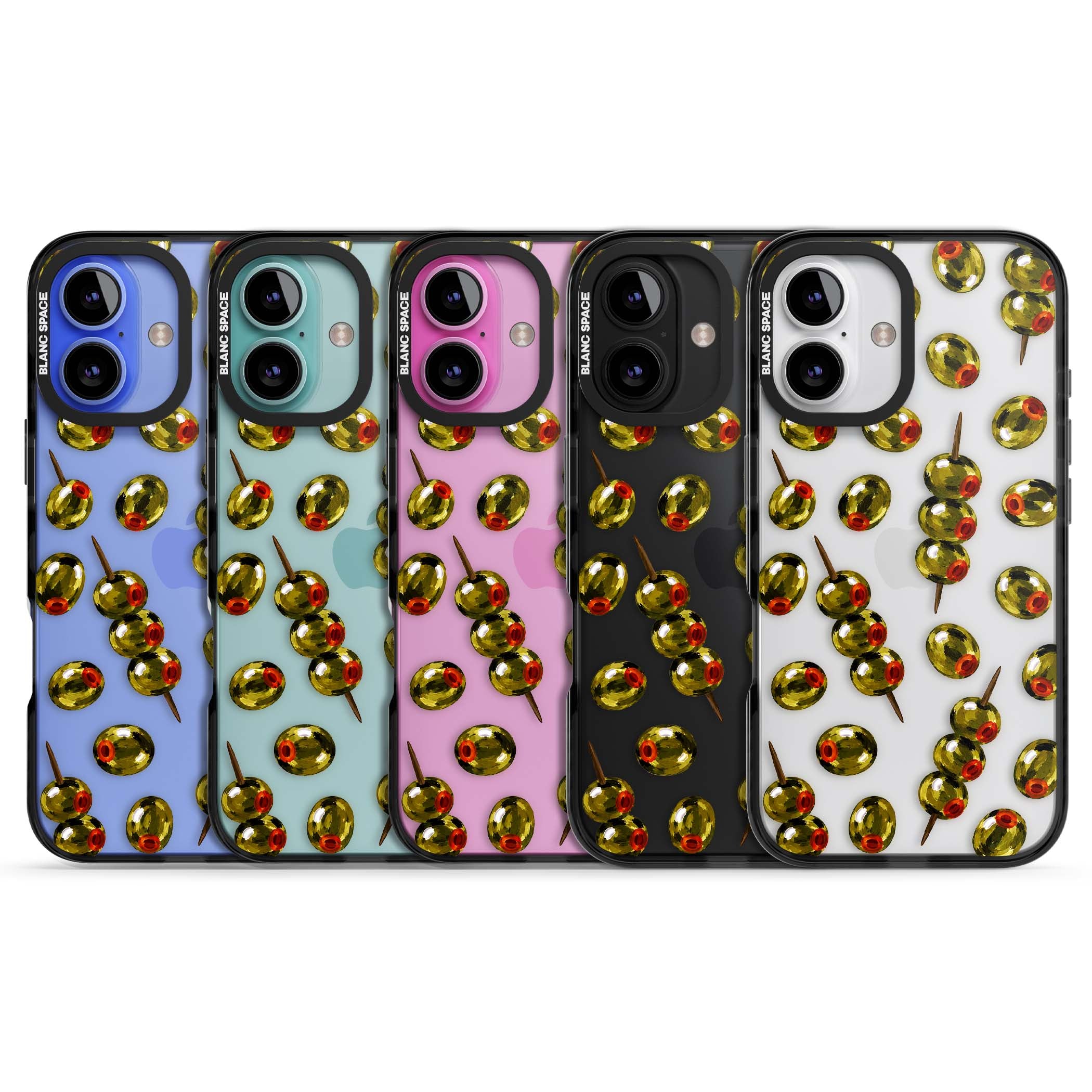 Painted Olives cocktail iPhone case featuring green olives, pimento centres and toothpick skewers on a clear background | Black Impact case for iPhone 16, iPhone 16 Plus