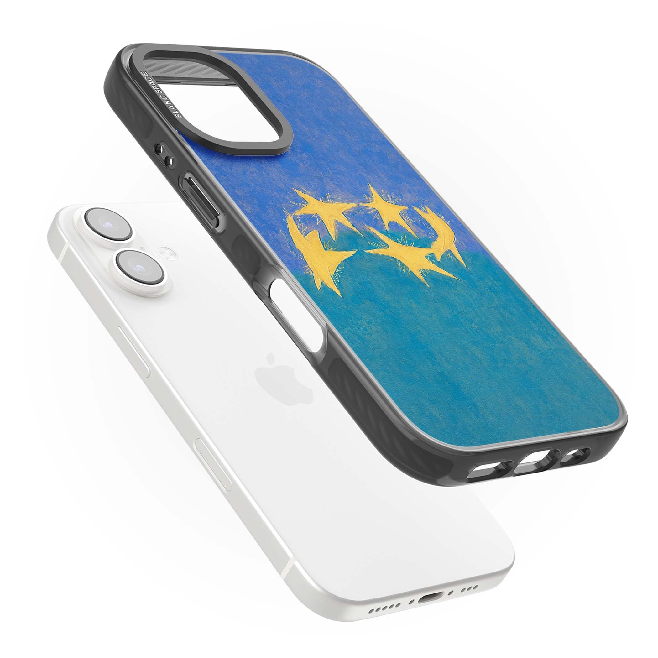 Star Boogie stars aesthetic iPhone case featuring five yellow hand-painted stars on cobalt blue and teal | Black Impact case for iPhone 16, iPhone 16 Plus