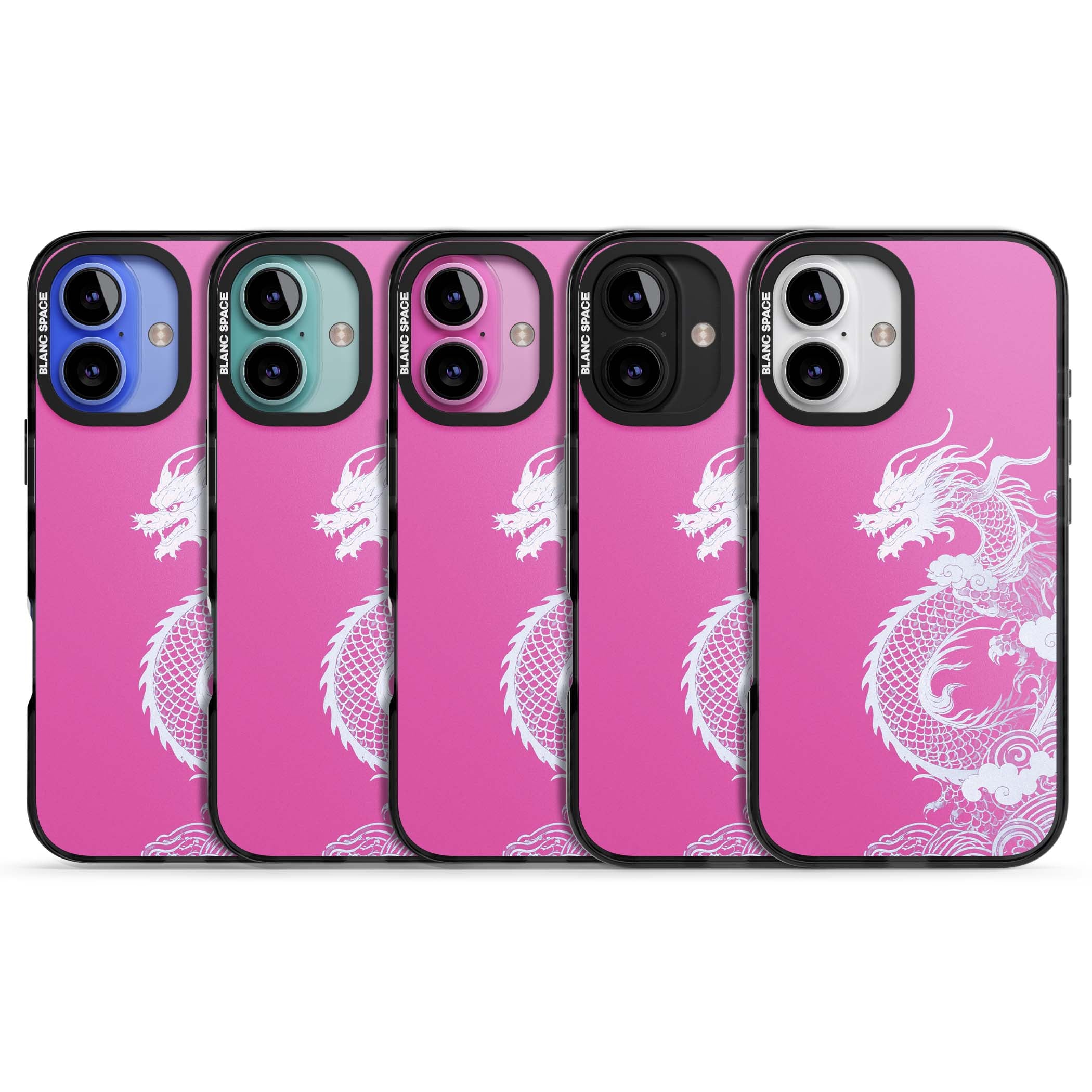Pink Empress chinese dragon iPhone case featuring a white dragon, swirling clouds and pink dragon wallpaper backdrop | Black Impact case for iPhone 16, iPhone 16 Plus
