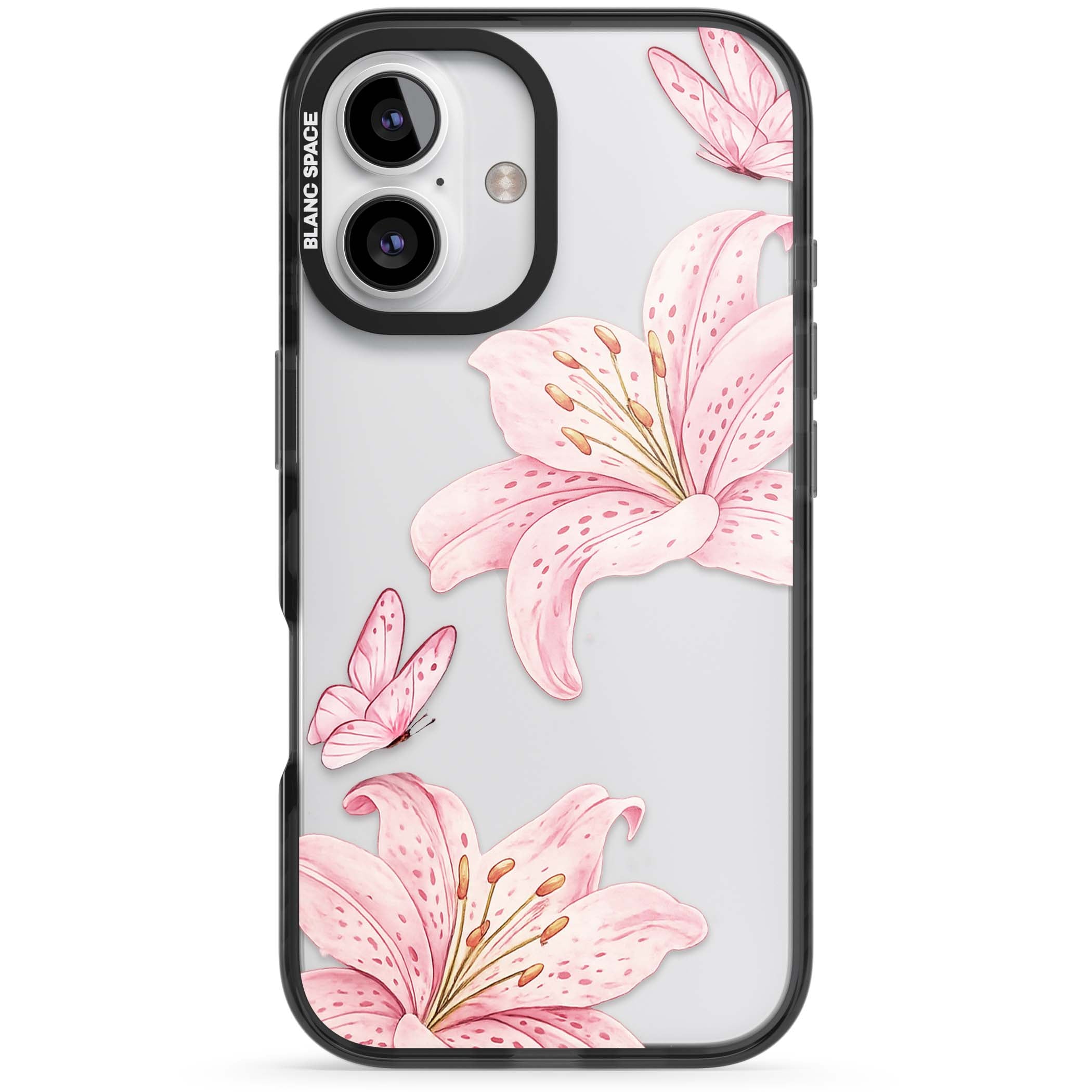 Lily Whisper floral iPhone case featuring pink watercolour lilies and delicate butterflies on a clear background | Black Impact case for iPhone 16, iPhone 16 Plus