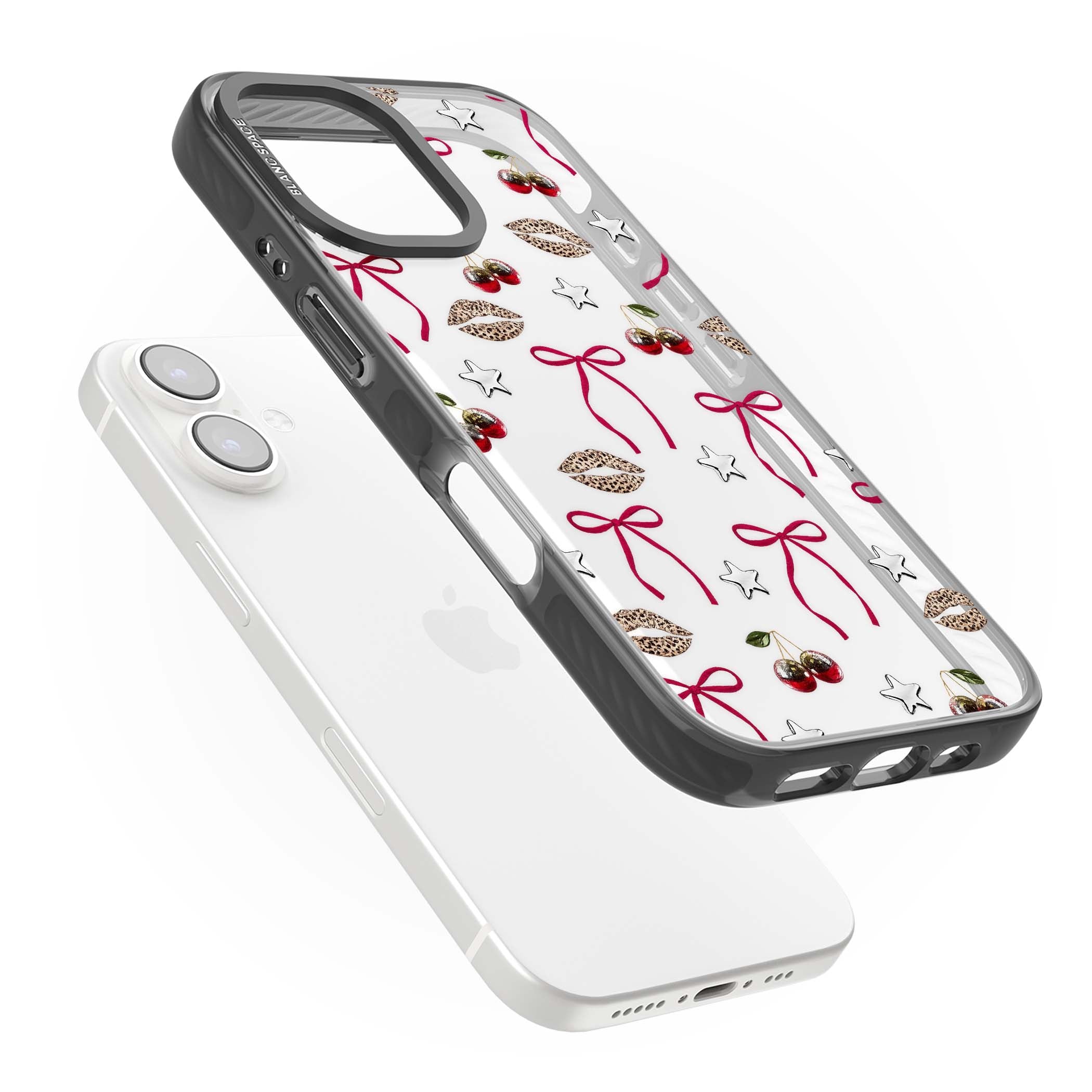 Starlet coquette iPhone case featuring red ribbon bows, disco cherries and leopard-print lips | Black Impact case for iPhone 16, iPhone 16 Plus