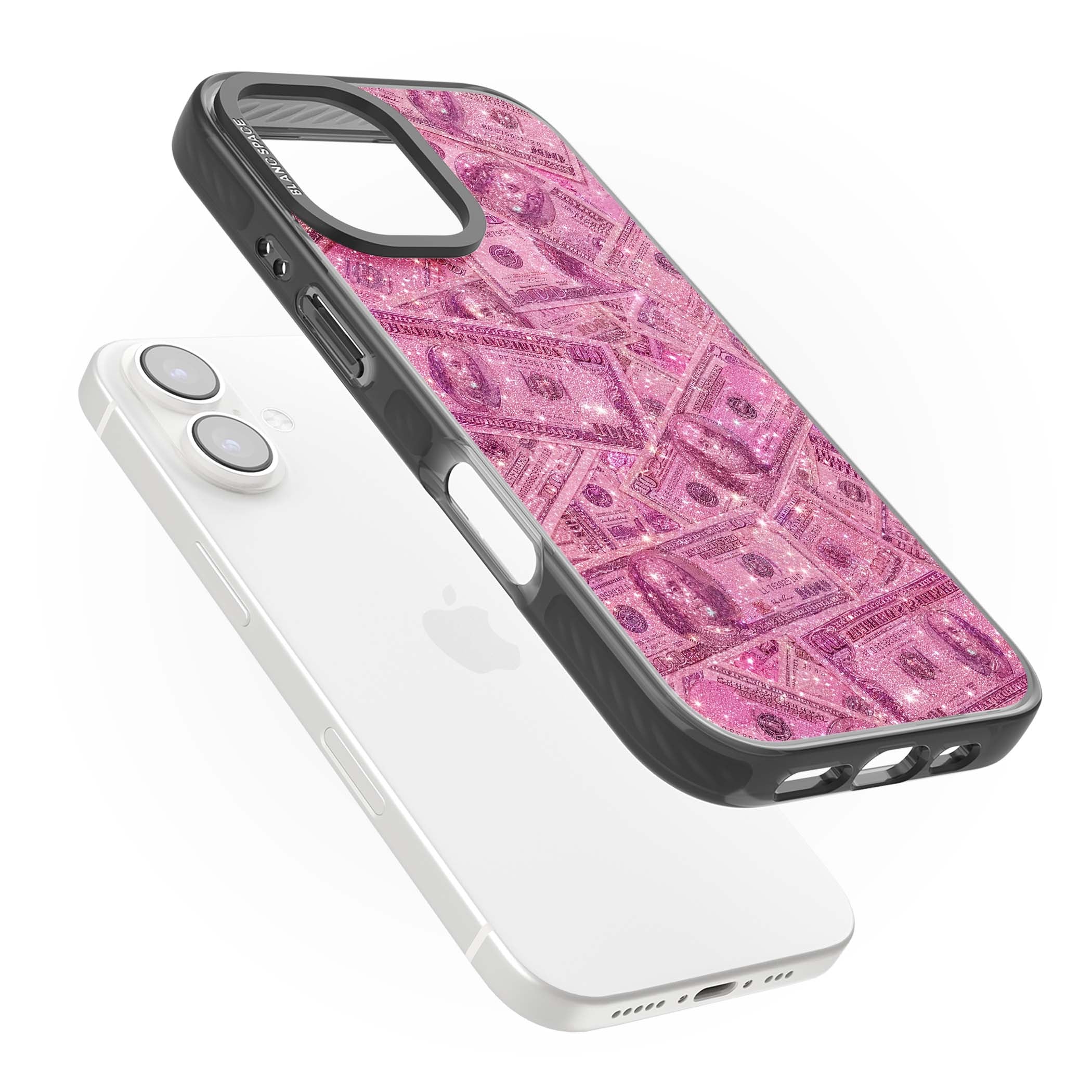 Glamorous baddie iPhone case featuring pink glitter hundred dollar bills and sparkling money wallpaper design | Black Impact case for iPhone 16, iPhone 16 Plus
