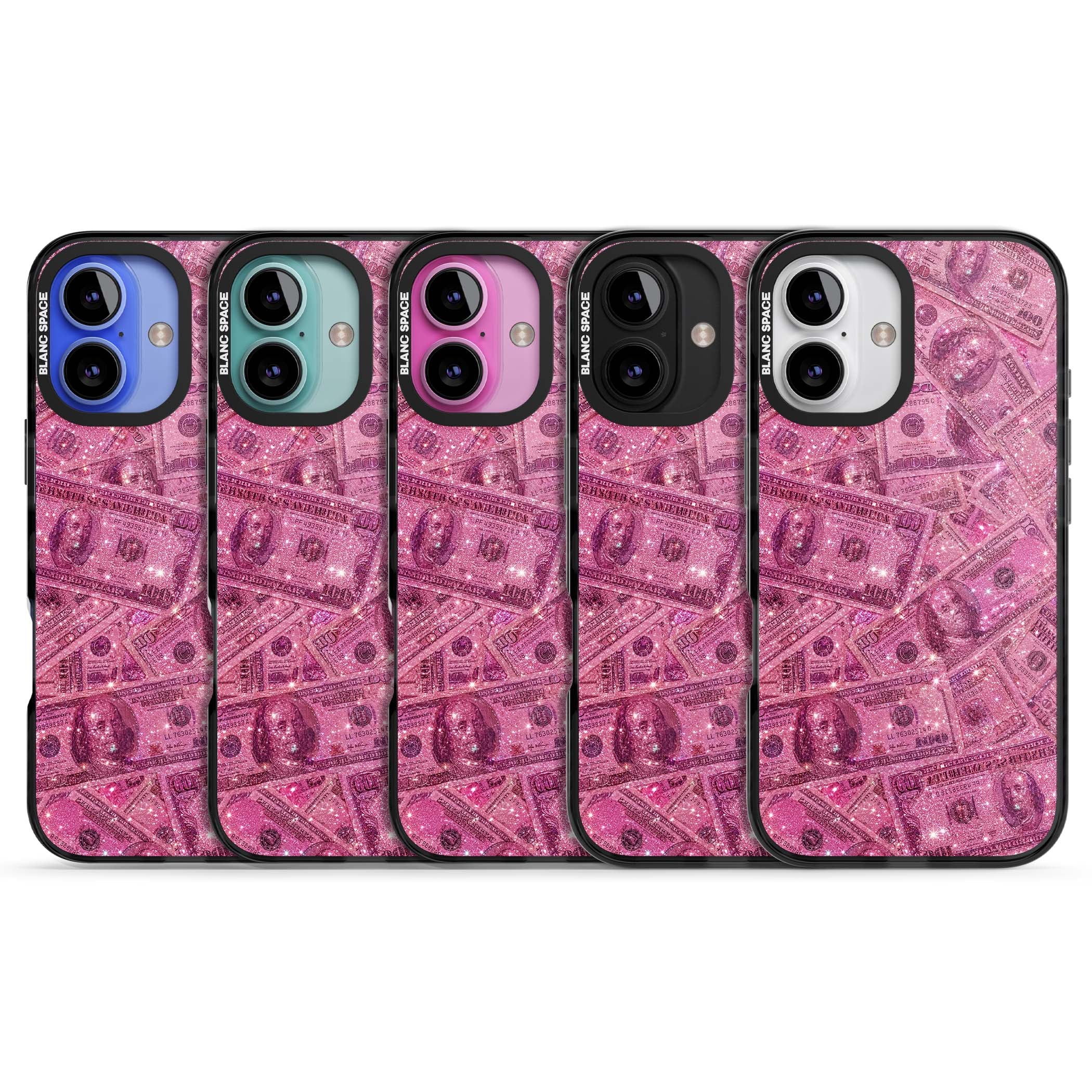 Glamorous baddie iPhone case featuring pink glitter hundred dollar bills and sparkling money wallpaper design | Black Impact case for iPhone 16, iPhone 16 Plus