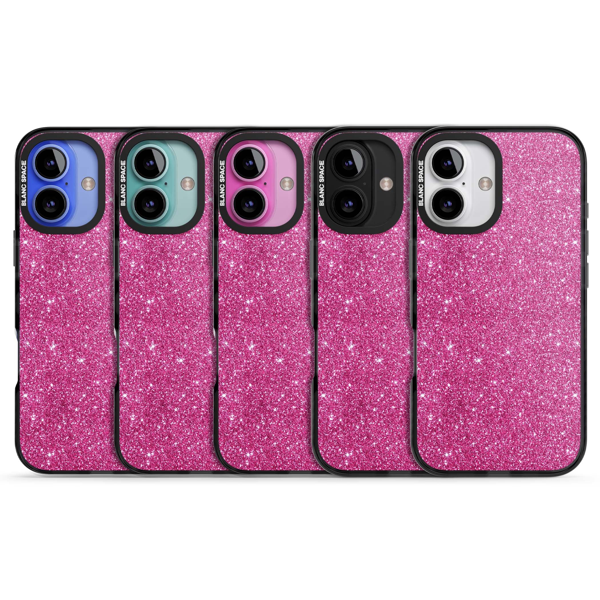 Pink Glitter Y2K iPhone case featuring hot pink glitter wallpaper with sparkle shimmer effect | Black Impact case for iPhone 16, iPhone 16 Plus