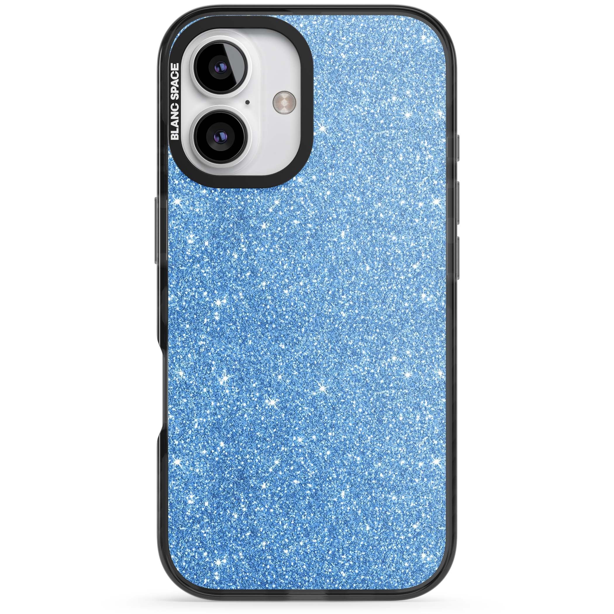 Blue Glitter blue glitter iPhone case featuring dense sparkling cerulean glitter with a glamorous shimmering finish | Black Impact case for iPhone 16, iPhone 16 Plus