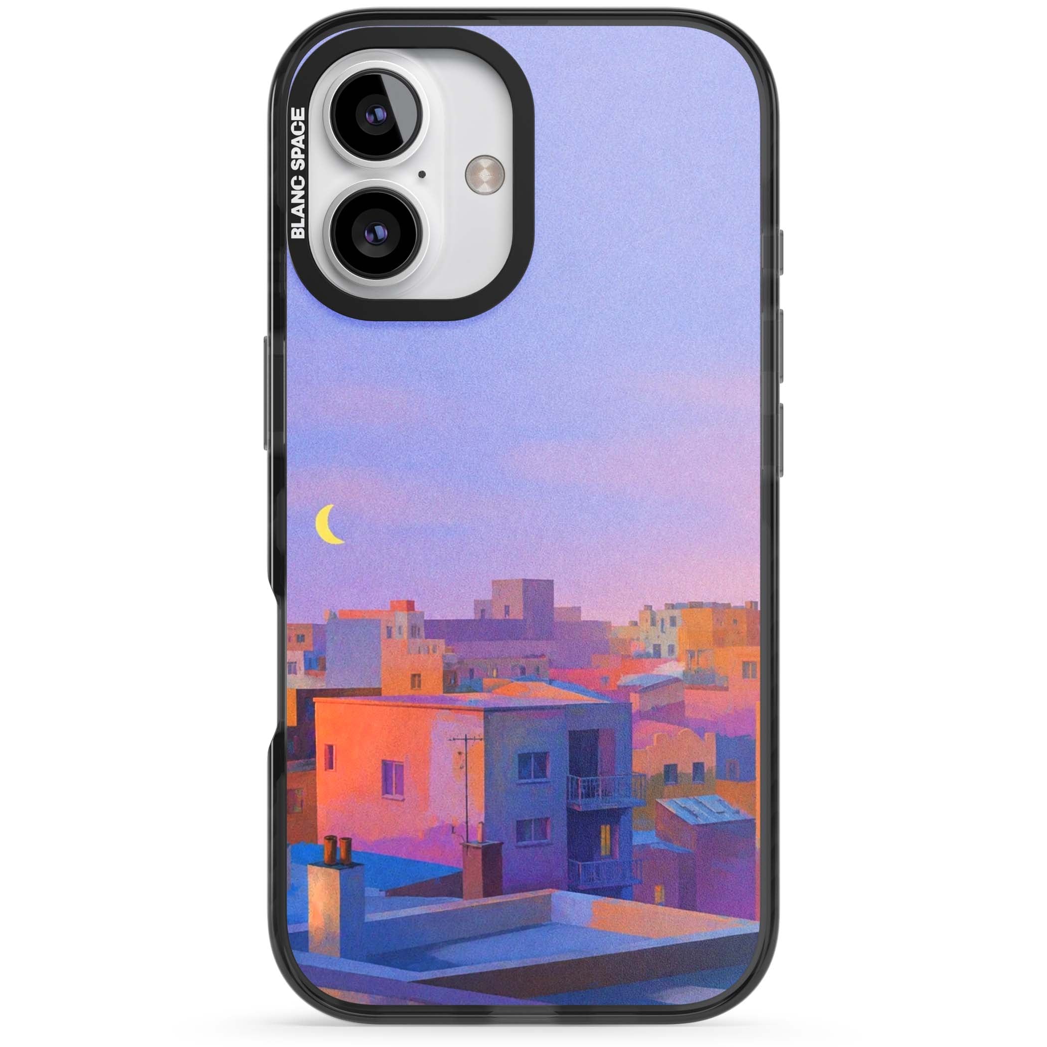 Twilight Rooftops vaporwave iPhone case featuring a pastel sunset cityscape, painted rooftops and a crescent moon. | Black Impact case for iPhone 16, iPhone 16 Plus