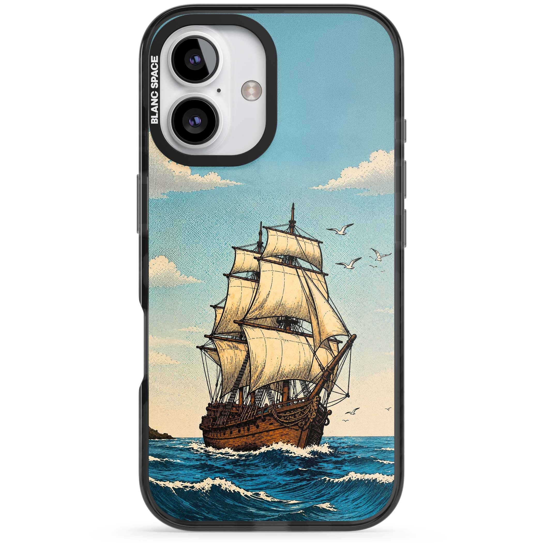 Ship at Sea nautical iPhone case featuring a vintage tall ship, ocean waves and seagulls | Black Impact case for iPhone 16, iPhone 16 Plus
