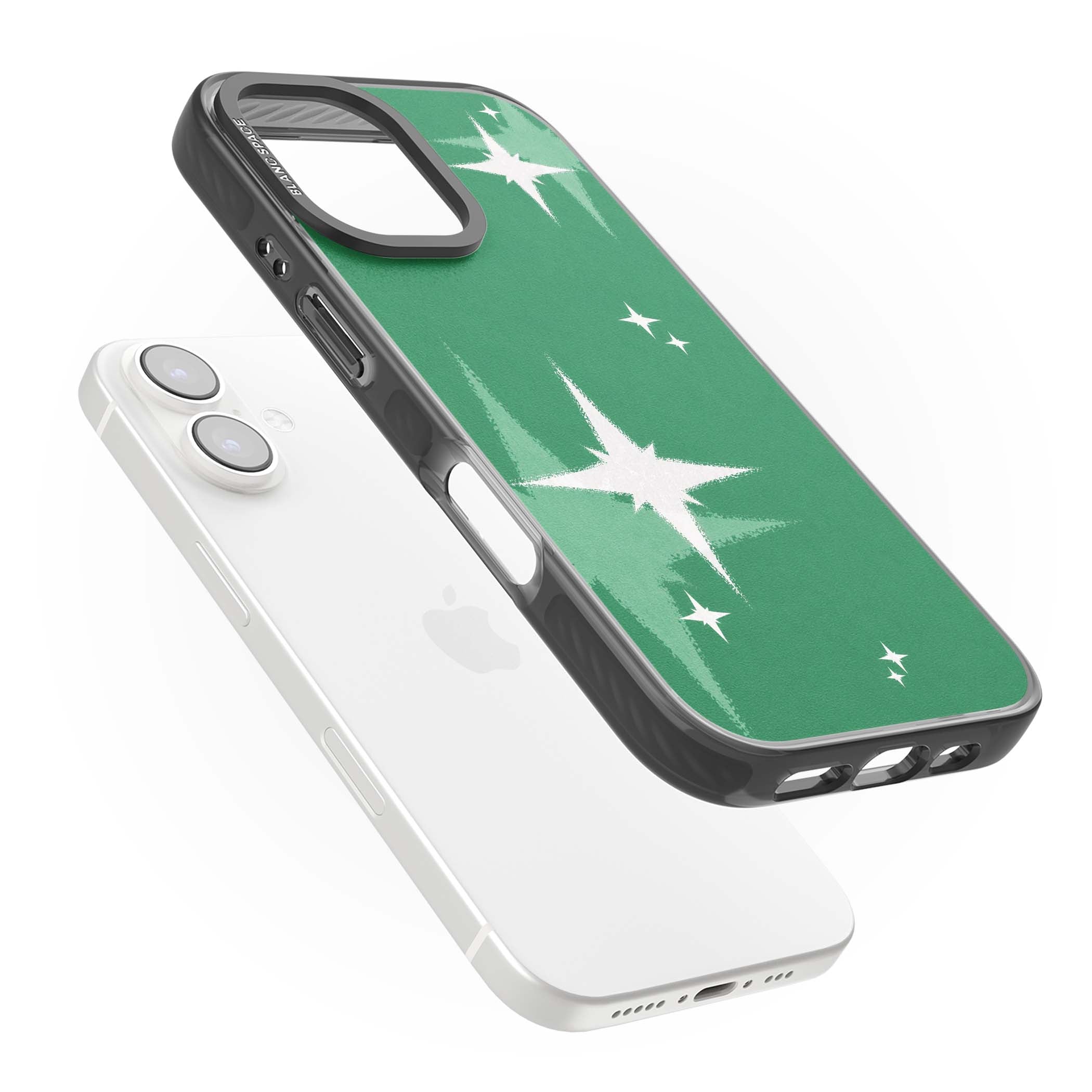 Green Sparkle celestial iPhone case featuring sparkling white four-point stars on a deep green background | Black Impact case for iPhone 16, iPhone 16 Plus