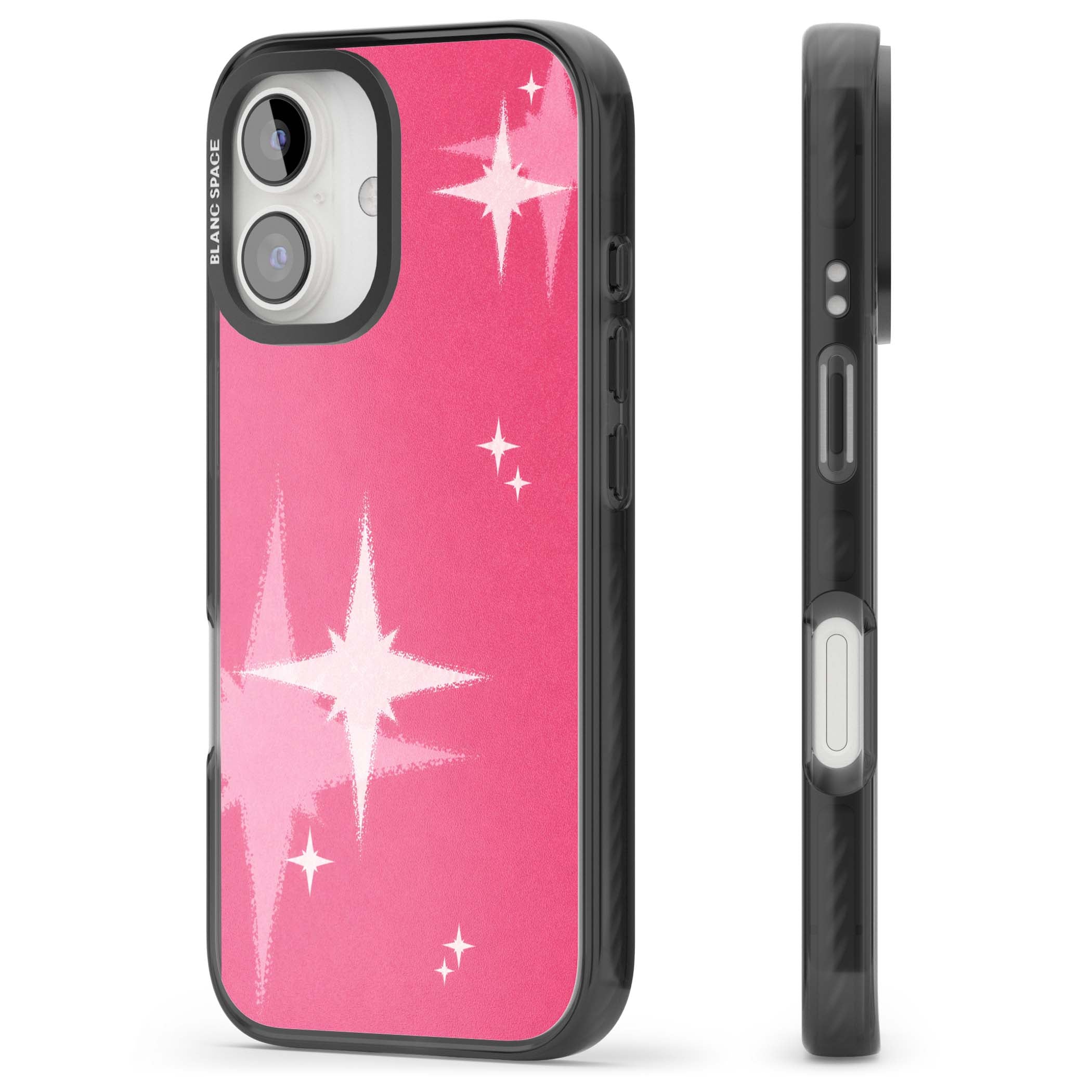 Pink Sparkle Y2K iPhone case featuring hot pink background with shimmering white starburst pattern | Black Impact case for iPhone 16, iPhone 16 Plus