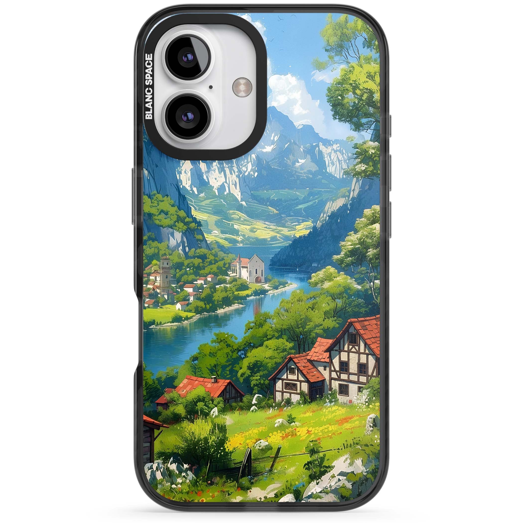Village In The Valley anime iPhone case featuring a painted mountain village, river valley and half-timbered cottages. | Black Impact case for iPhone 16, iPhone 16 Plus