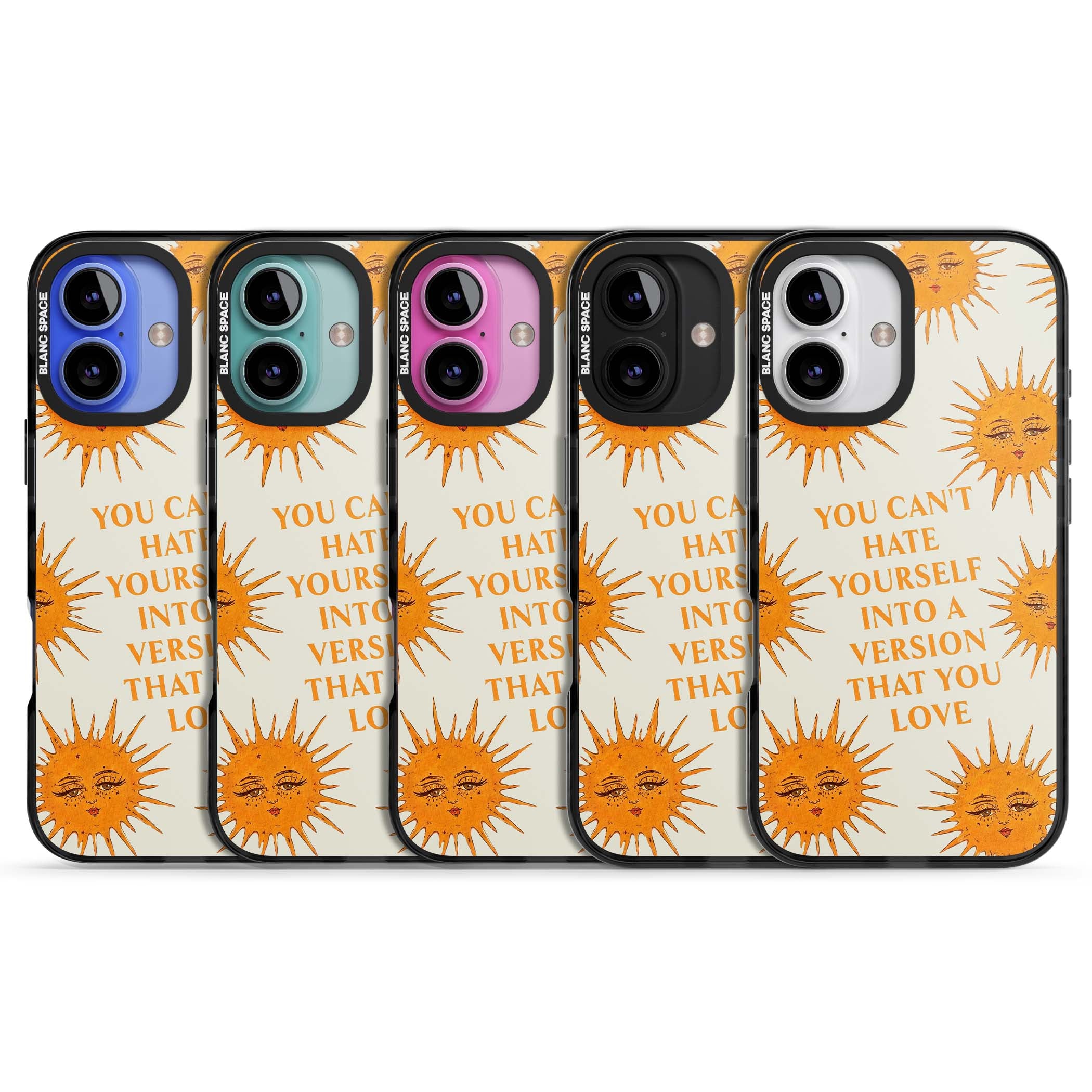 Don't Hate Yourself celestial iPhone case featuring vintage sun faces, ochre rays and a self-love quote | Black Impact case for iPhone 16, iPhone 16 Plus