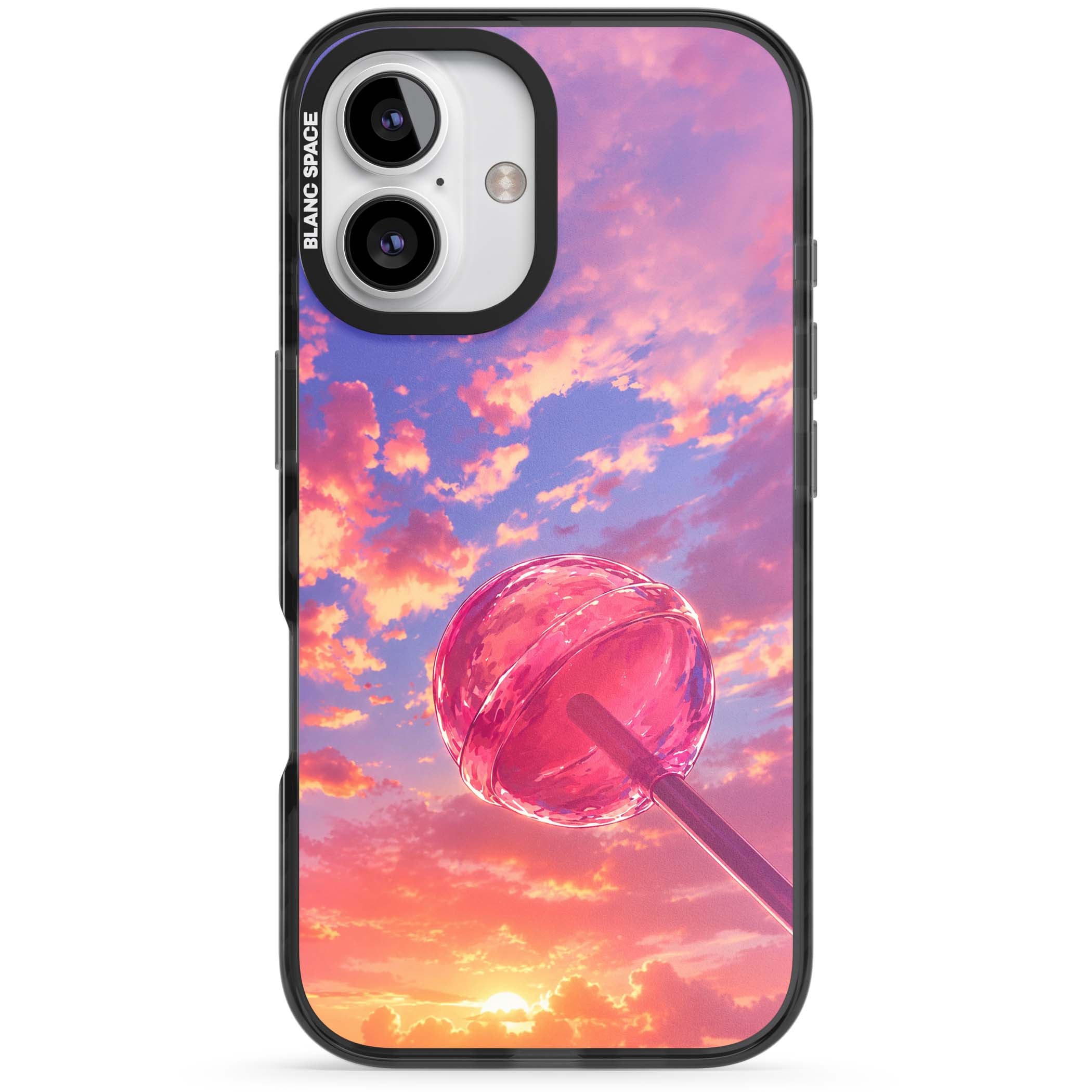 Sugar Sunset candy aesthetic iPhone case featuring a pink lollipop, pastel sunset sky and dreamy clouds | Black Impact case for iPhone 16, iPhone 16 Plus