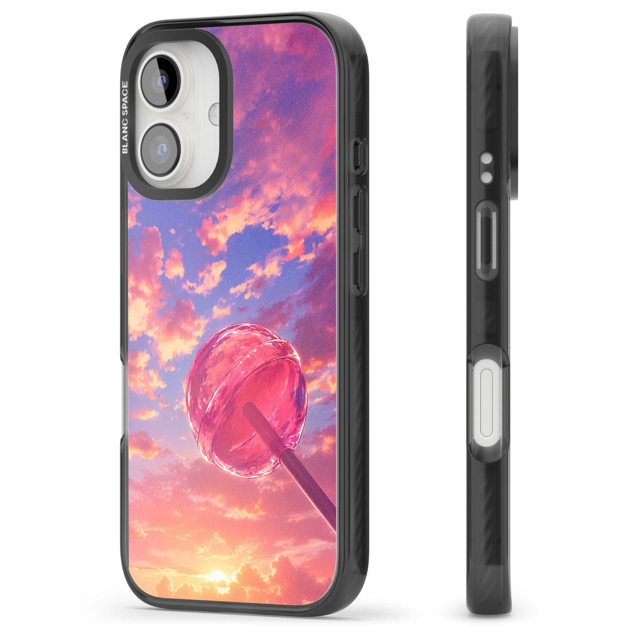 Sugar Sunset candy aesthetic iPhone case featuring a pink lollipop, pastel sunset sky and dreamy clouds | Black Impact case for iPhone 16, iPhone 16 Plus