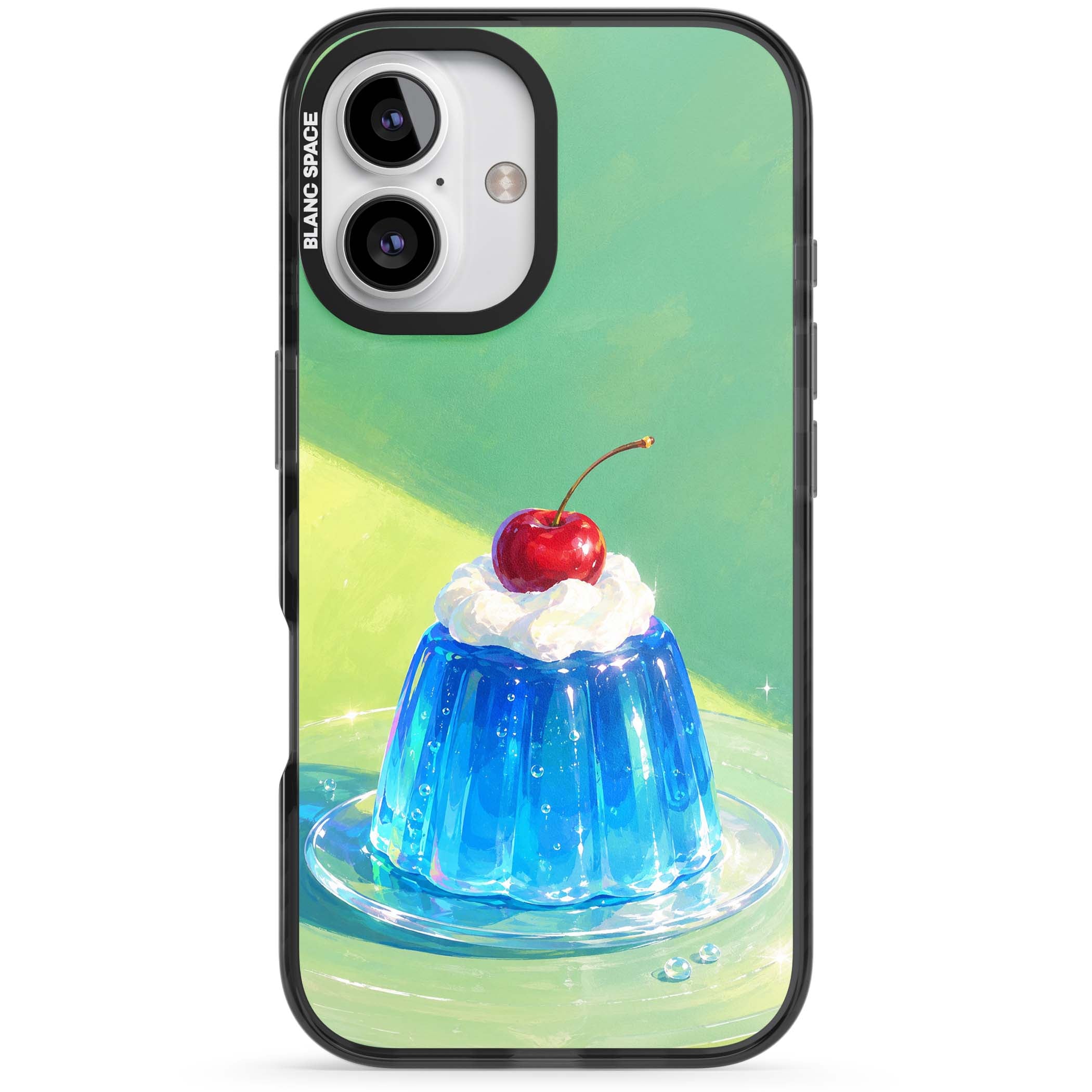 Cherry Jelly kawaii dessert iPhone case featuring blue jelly pudding, whipped cream and a red cherry | Black Impact case for iPhone 16, iPhone 16 Plus