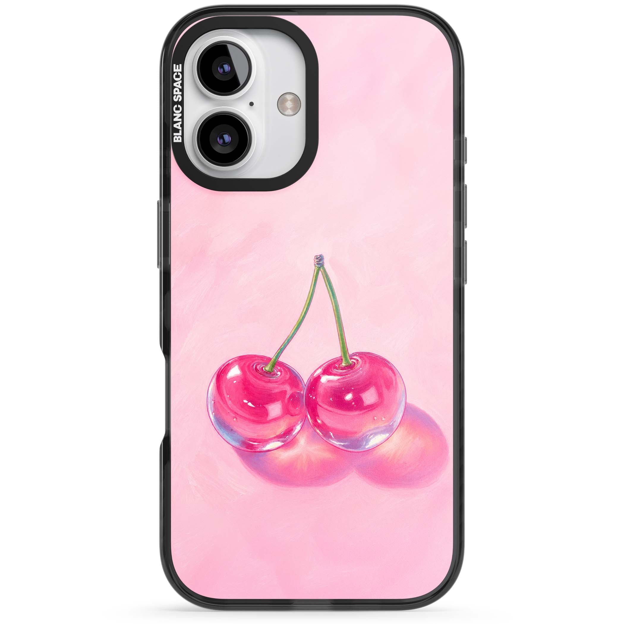 Pink Glass Cherry coquette iPhone case featuring two glossy painted cherries on a soft pink background | Black Impact case for iPhone 16, iPhone 16 Plus