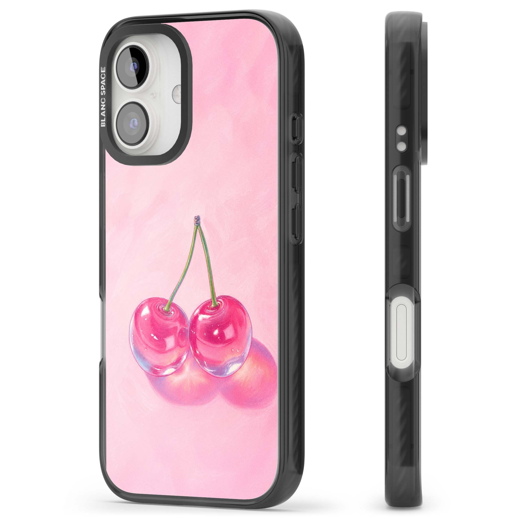 Pink Glass Cherry coquette iPhone case featuring two glossy painted cherries on a soft pink background | Black Impact case for iPhone 16, iPhone 16 Plus