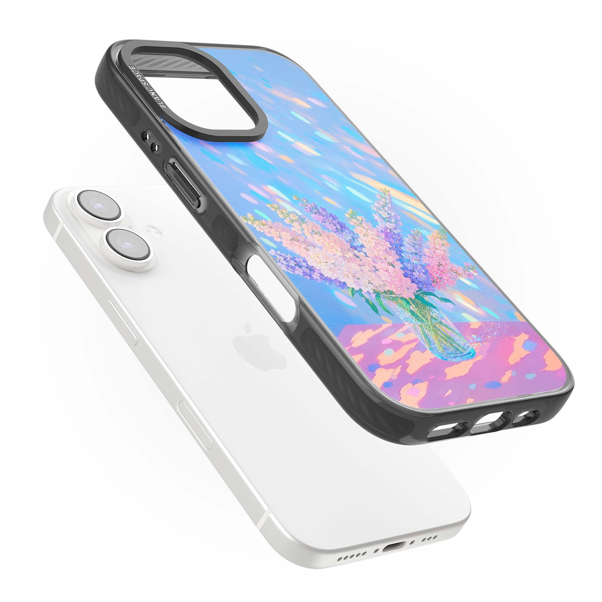Bubblegum Flowers floral iPhone case featuring pastel lilac and pink bouquet in a glass vase with iridescent light | Black Impact case for iPhone 16, iPhone 16 Plus
