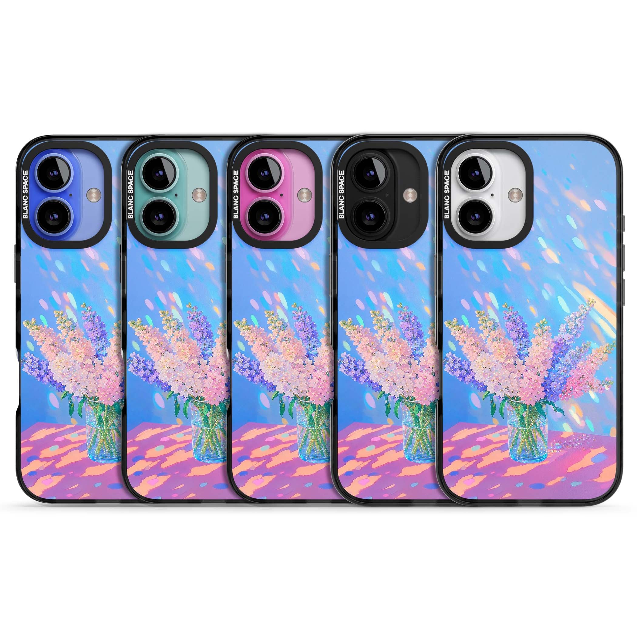 Bubblegum Flowers floral iPhone case featuring pastel lilac and pink bouquet in a glass vase with iridescent light | Black Impact case for iPhone 16, iPhone 16 Plus