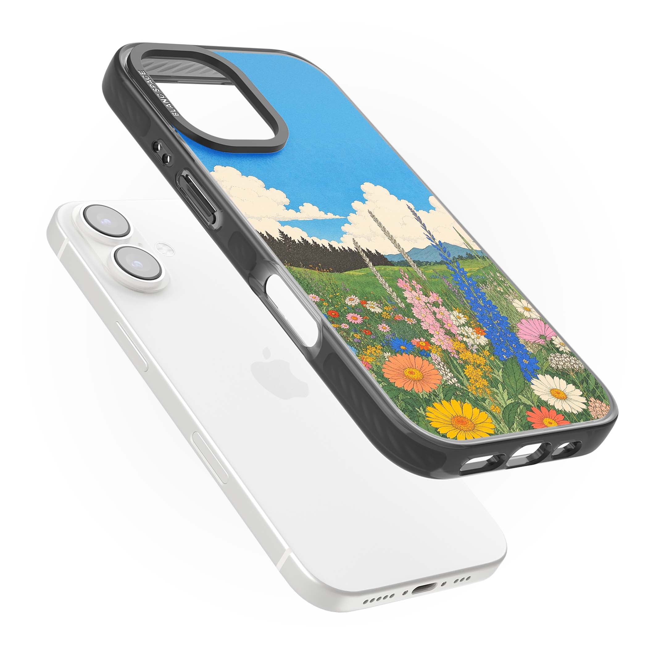Wildbloom wildflower iPhone case featuring a vintage Japanese-style meadow landscape with daisies, delphiniums and moun | Black Impact case for iPhone 16, iPhone 16 Plus