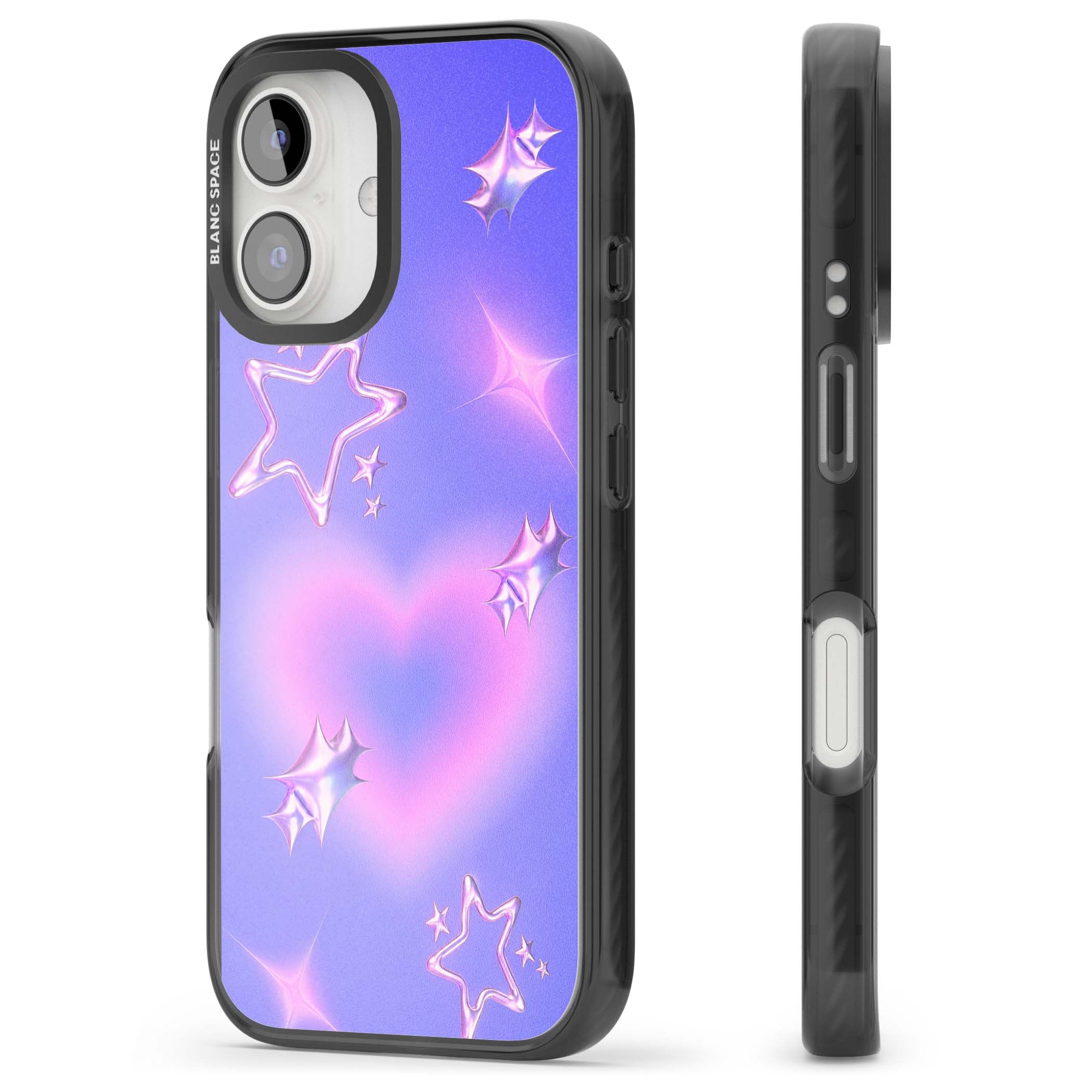 Soft Sugar Y2K iPhone case featuring iridescent chrome hearts, metallic pink stars and a lavender gradient sky | Black Impact case for iPhone 16, iPhone 16 Plus