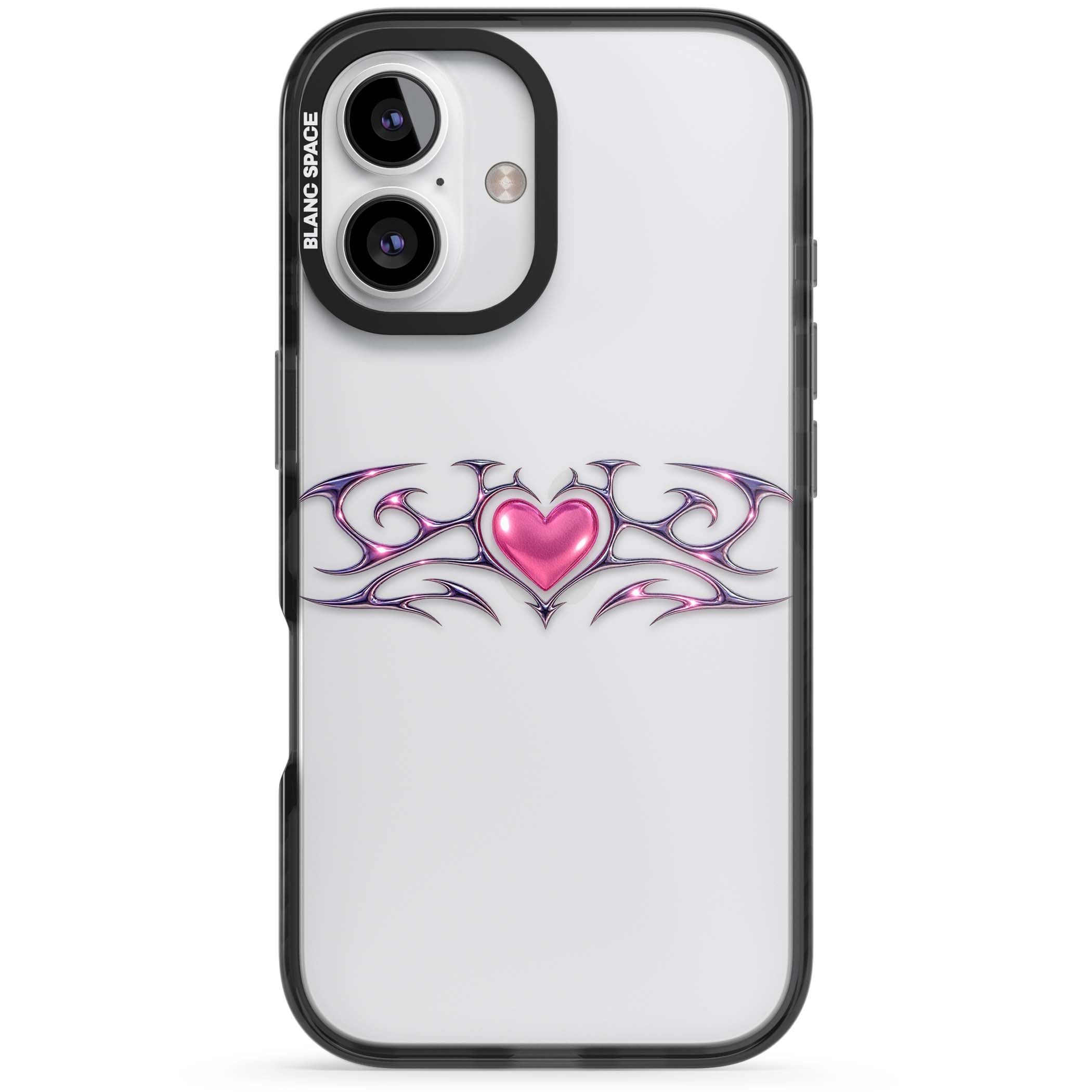 Pink Chrome Heart y2k iPhone case | Black Impact case for iPhone 16, iPhone 16 Plus