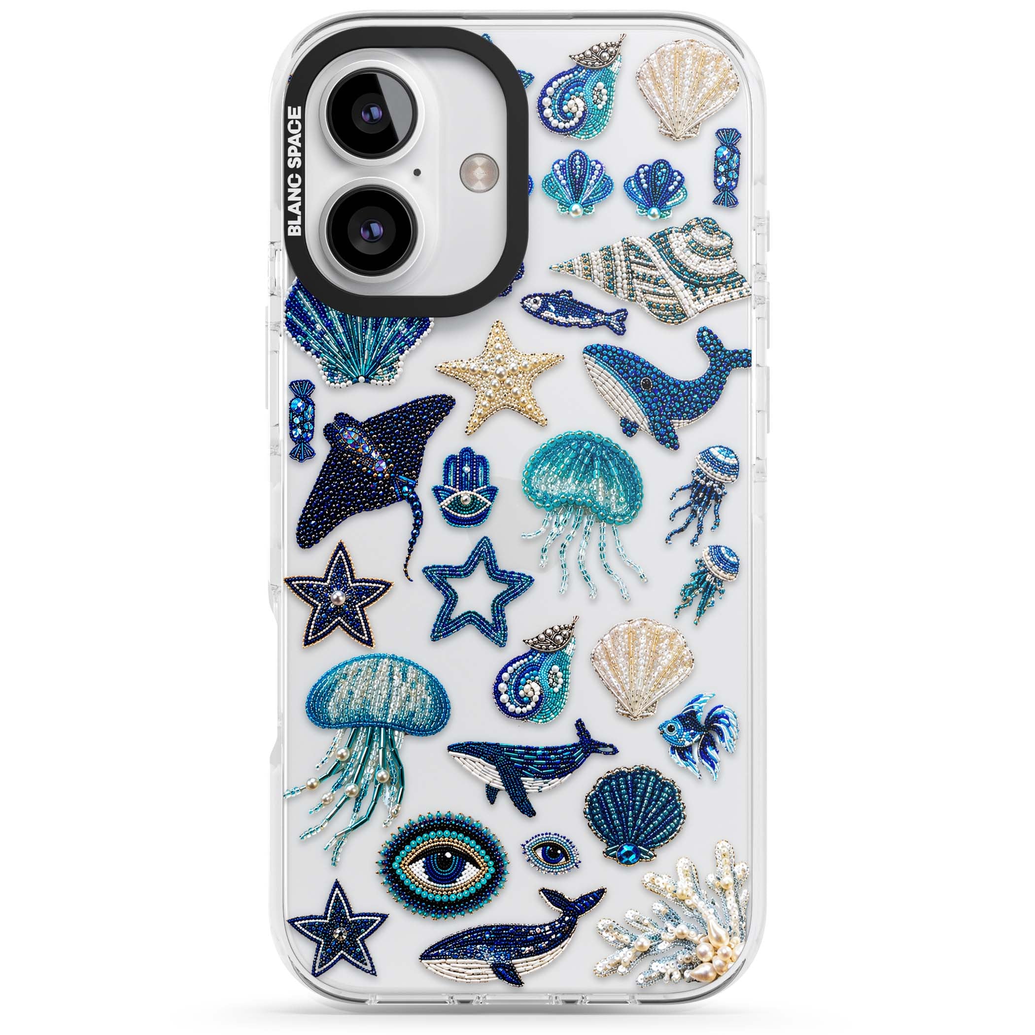 Beaded Coastal coastal iPhone case featuring embroidered seashells, jellyfish and a blue whale on clear | Clear Impact case for iPhone 16, iPhone 16 Plus