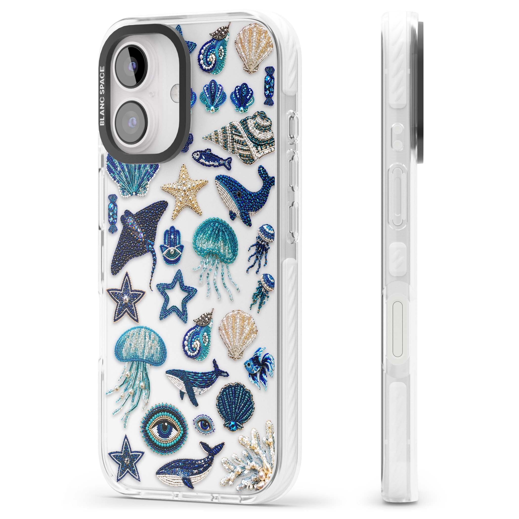 Beaded Coastal coastal iPhone case featuring embroidered seashells, jellyfish and a blue whale on clear | Clear Impact case for iPhone 16, iPhone 16 Plus