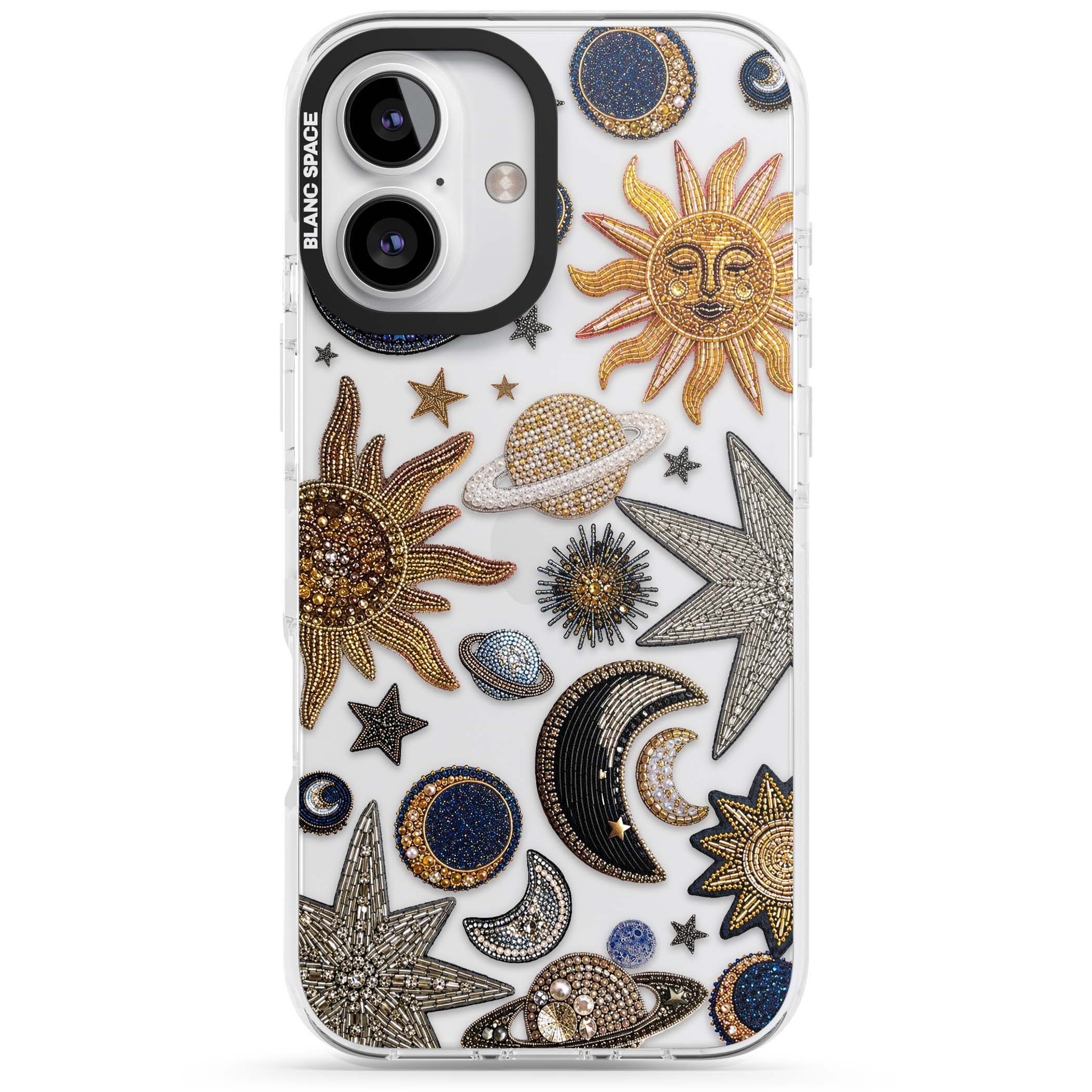 Beaded Cosmos celestial iPhone case featuring embroidered golden suns, beaded planets and silver shooting stars | Clear Impact case for iPhone 16, iPhone 16 Plus