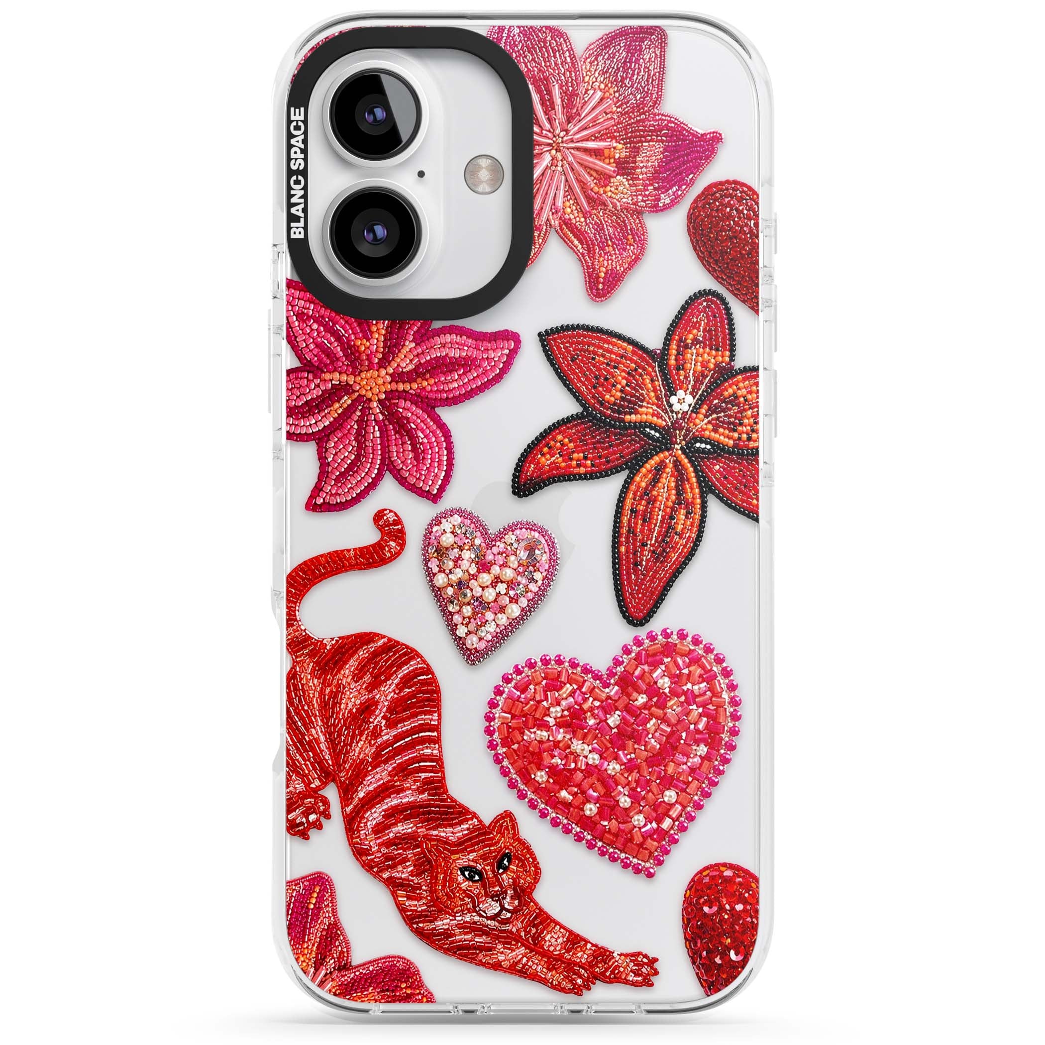 Beaded Boho floral iPhone case featuring beaded red lilies, a stitched tiger, and pearl-encrusted hearts on clear | Clear Impact case for iPhone 16, iPhone 16 Plus