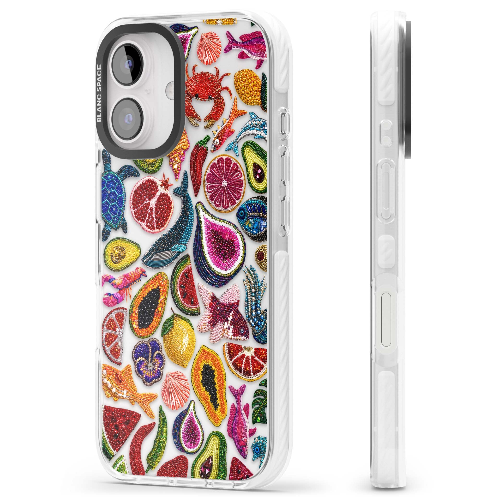 Beaded Tropic tropical iPhone case featuring beaded fruit, fish, crabs and seashells in vibrant colour | Clear Impact case for iPhone 16, iPhone 16 Plus