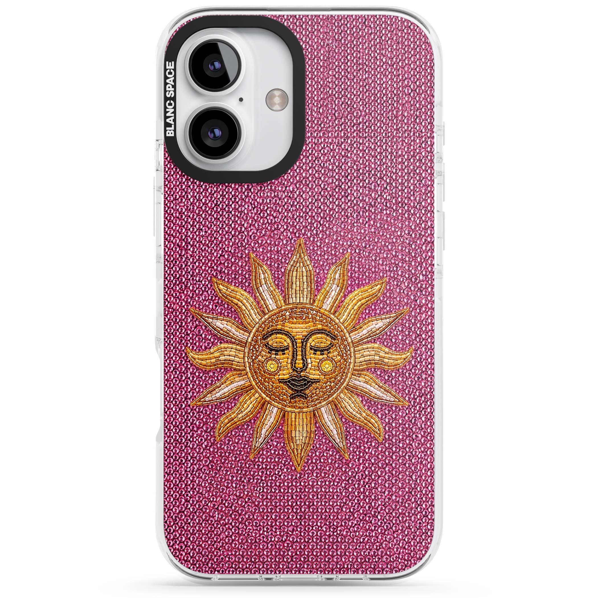 Beaded Sun celestial iPhone case featuring a golden beaded sun face with radiant rays on hot pink beaded background | Clear Impact case for iPhone 16, iPhone 16 Plus