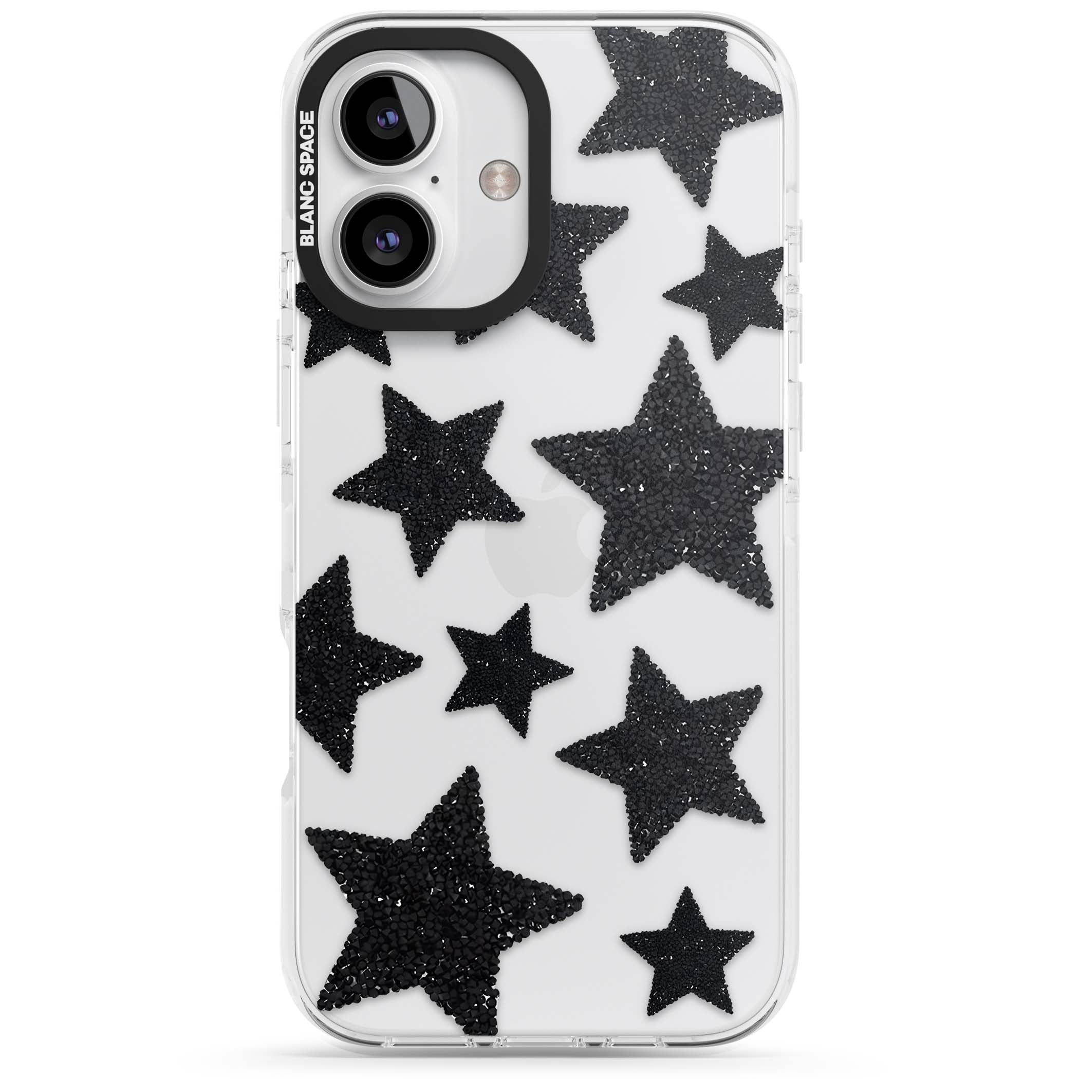 Beaded Black Stars celestial iPhone case featuring black glitter beaded stars scattered on a clear background | Clear Impact case for iPhone 16, iPhone 16 Plus