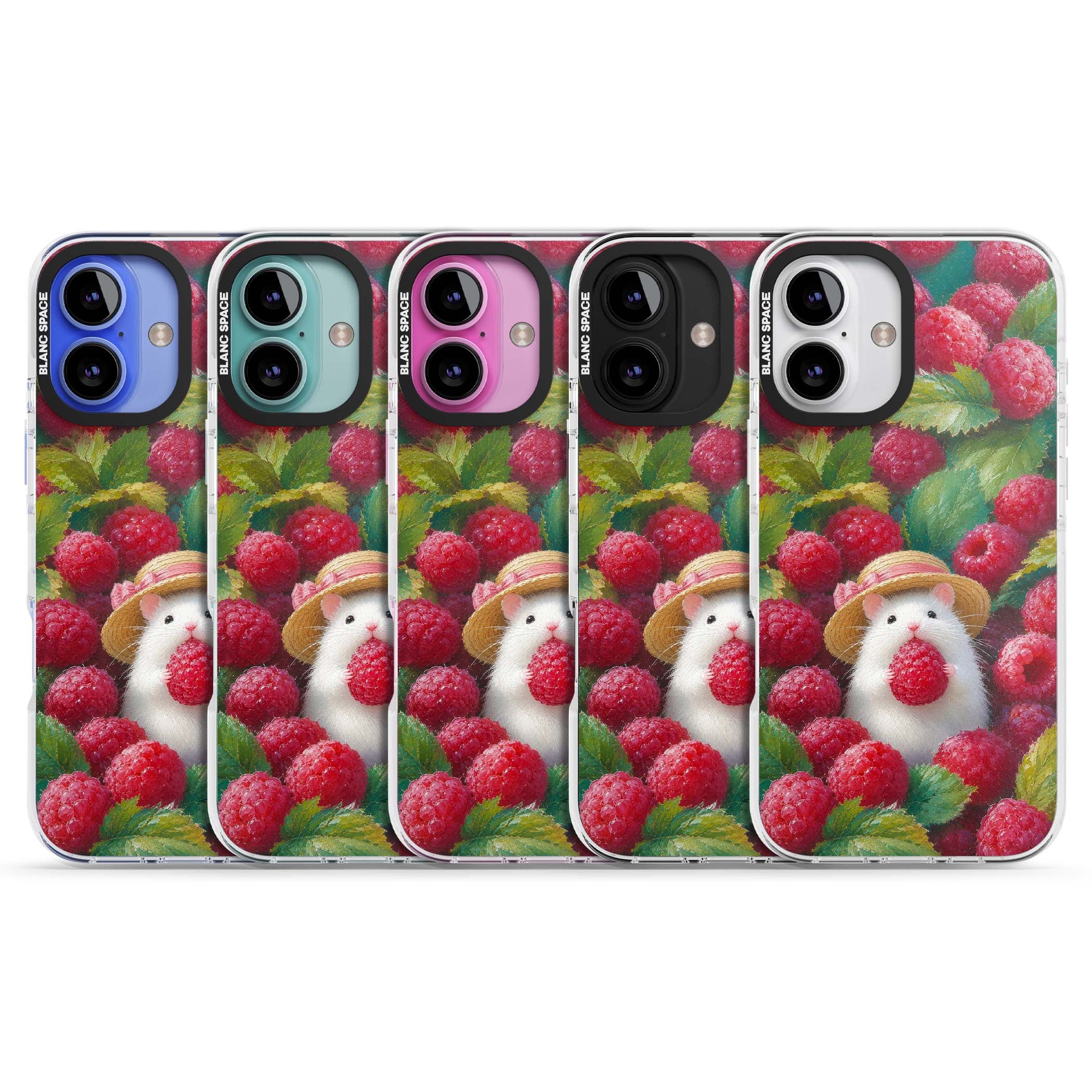 Berry Forager cottagecore iPhone case featuring a white hamster in a straw hat holding a raspberry surrounded by ripe ber | Clear Impact case for iPhone 16, iPhone 16 Plus