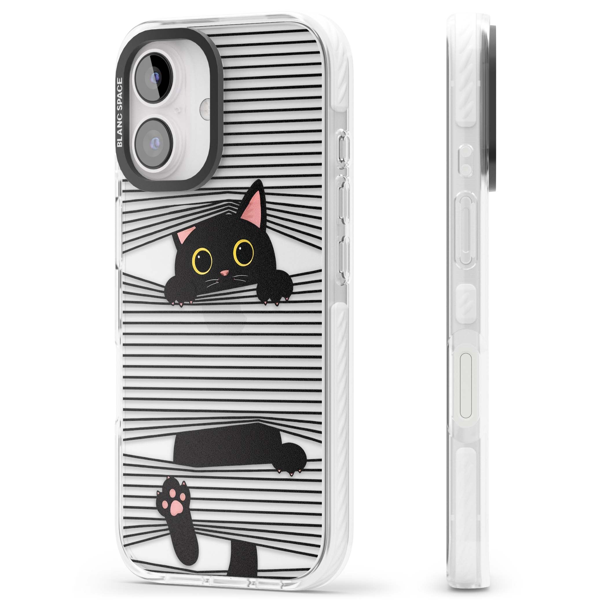 Peek-a-Boo Cat minimal iPhone case featuring black cat peeking through horizontal black and white stripes | Clear Impact case for iPhone 16, iPhone 16 Plus