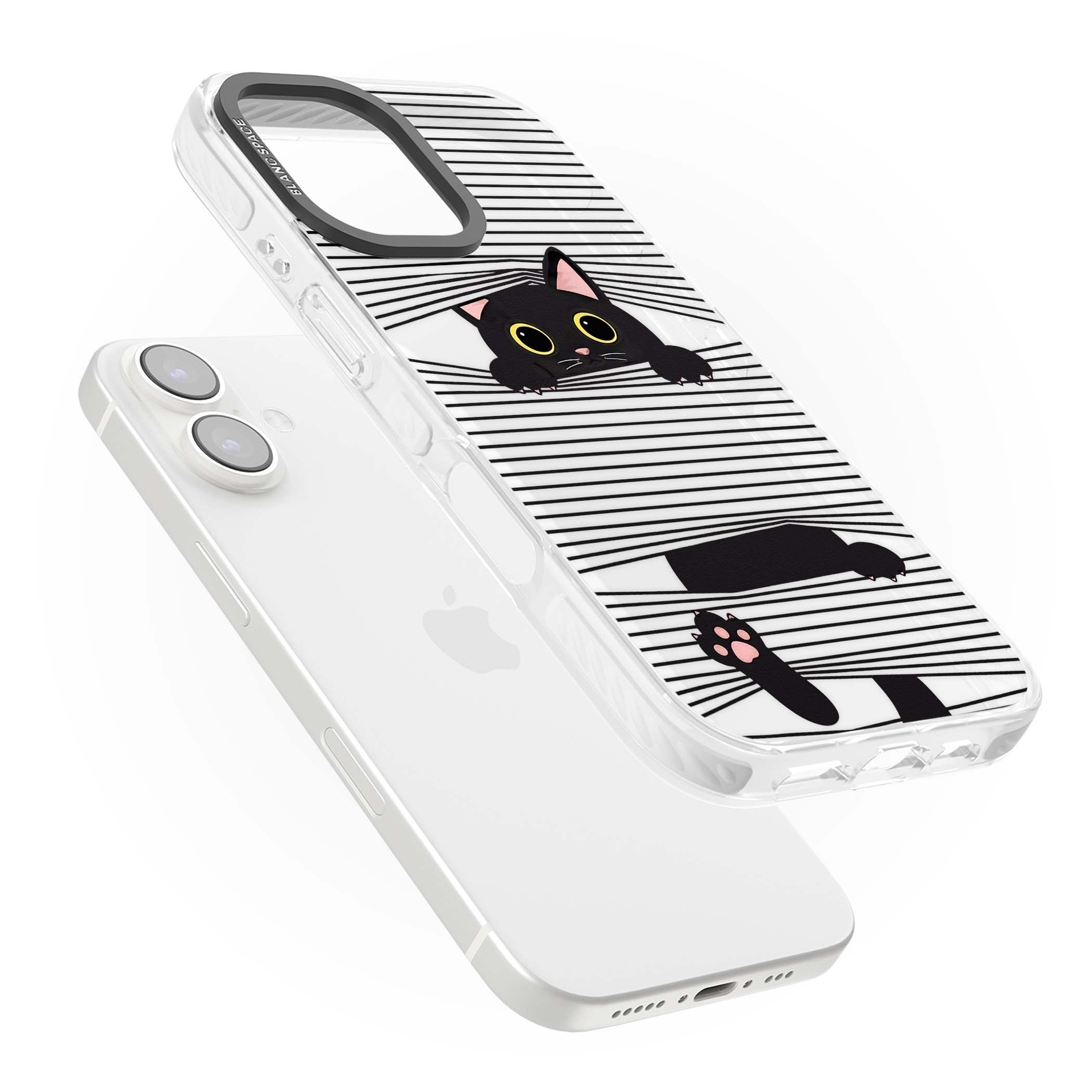 Peek-a-Boo Cat minimal iPhone case featuring black cat peeking through horizontal black and white stripes | Clear Impact case for iPhone 16, iPhone 16 Plus