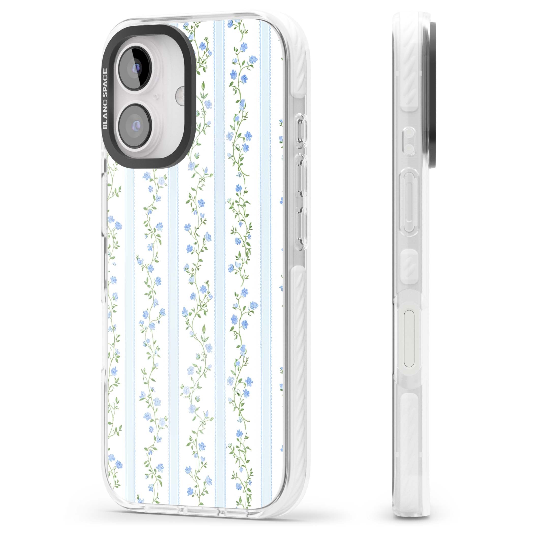 Bluebell Vine cottagecore iPhone case featuring climbing blue roses, trailing green vines, and pale ticking stripes | Clear Impact case for iPhone 16, iPhone 16 Plus