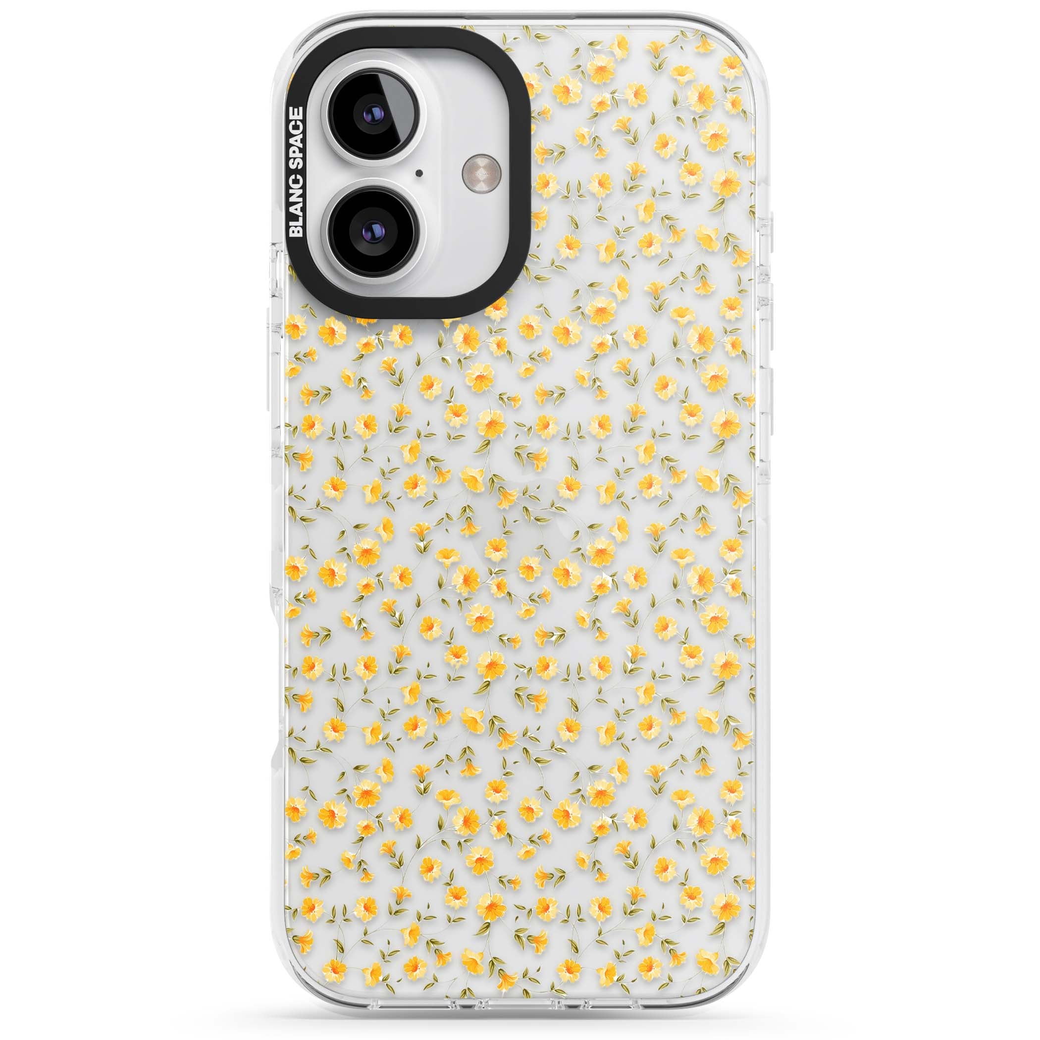 Buttercup wildflower iPhone case featuring tiny yellow flowers and trailing green vines on clear | Clear Impact case for iPhone 16, iPhone 16 Plus