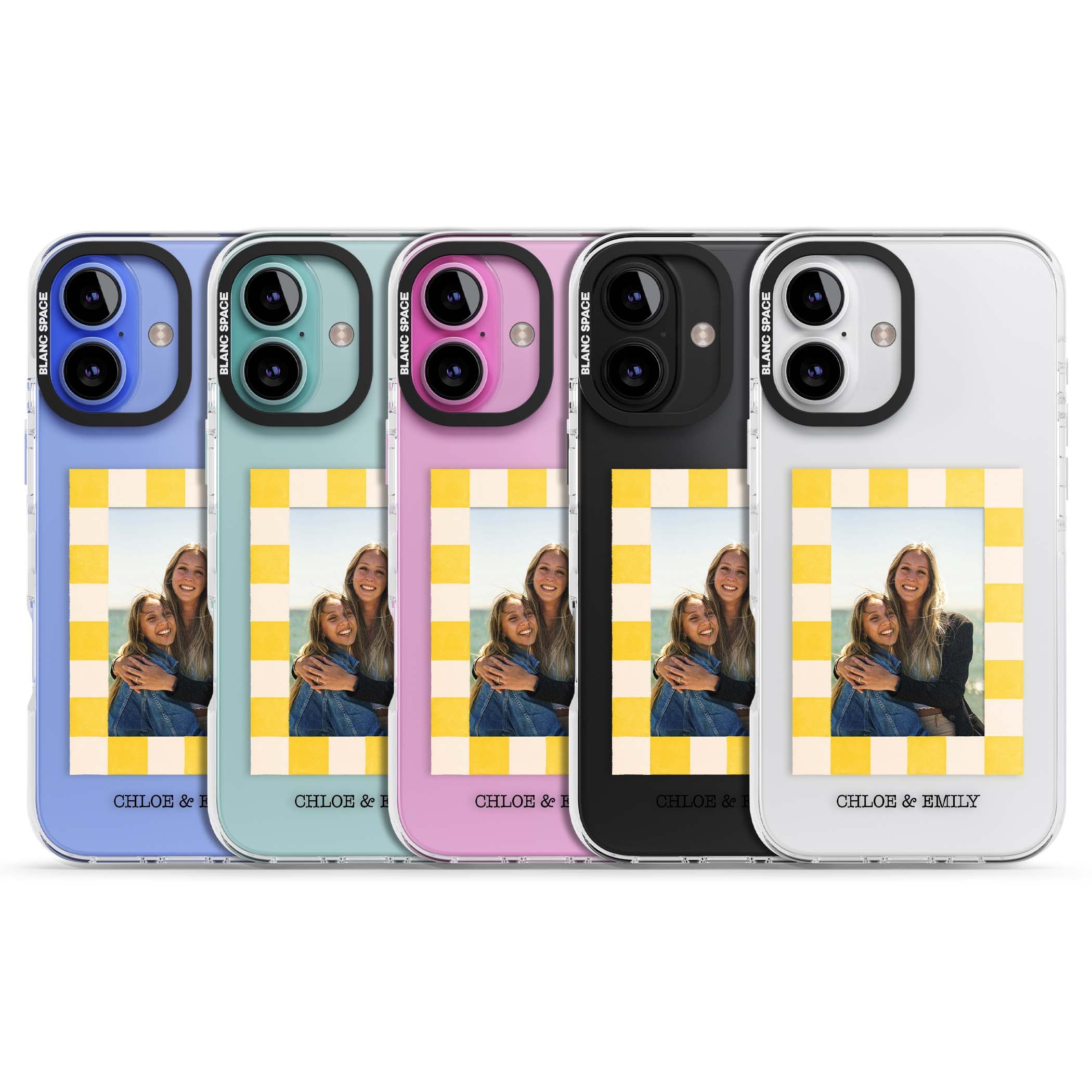 Yellow Check Photo personalised iPhone case with yellow checkered Polaroid frame and custom names beneath | Clear Impact case for iPhone 16, iPhone 16 Plus