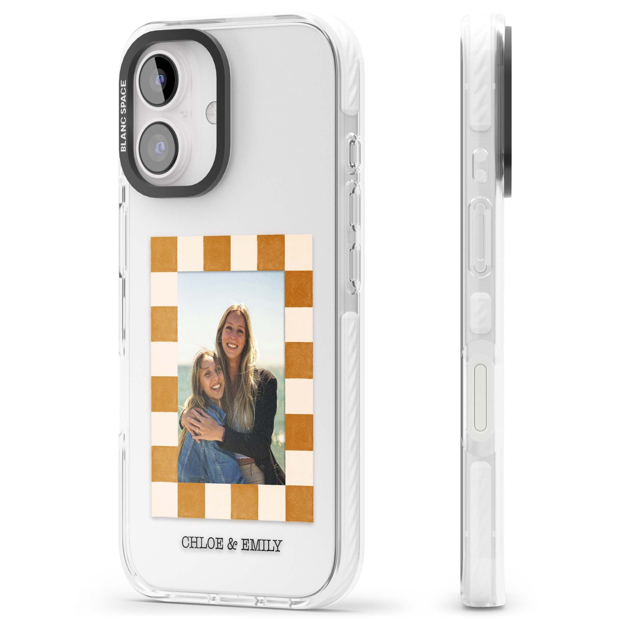 Citrus Check Photo personalised iPhone case with custom photo, orange checkered frame and names underneath | Clear Impact case for iPhone 16, iPhone 16 Plus