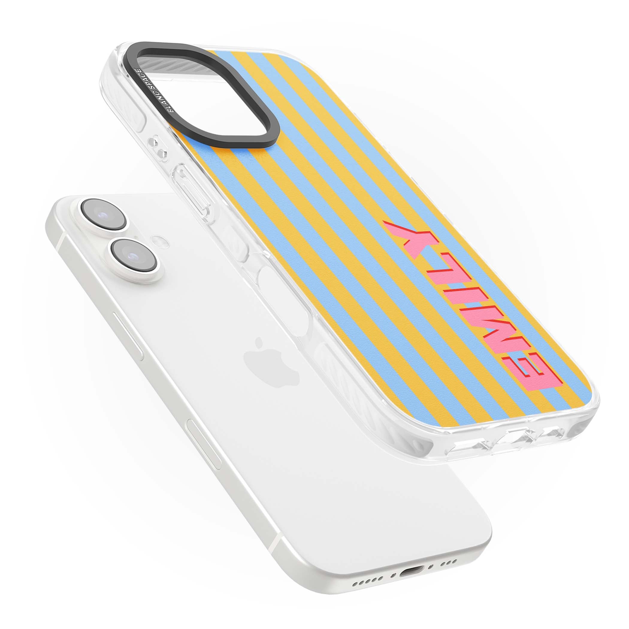 Carribean Stripe personalised coastal iPhone case with yellow and blue vertical stripes and a custom pink name | Clear Impact case for iPhone 16, iPhone 16 Plus