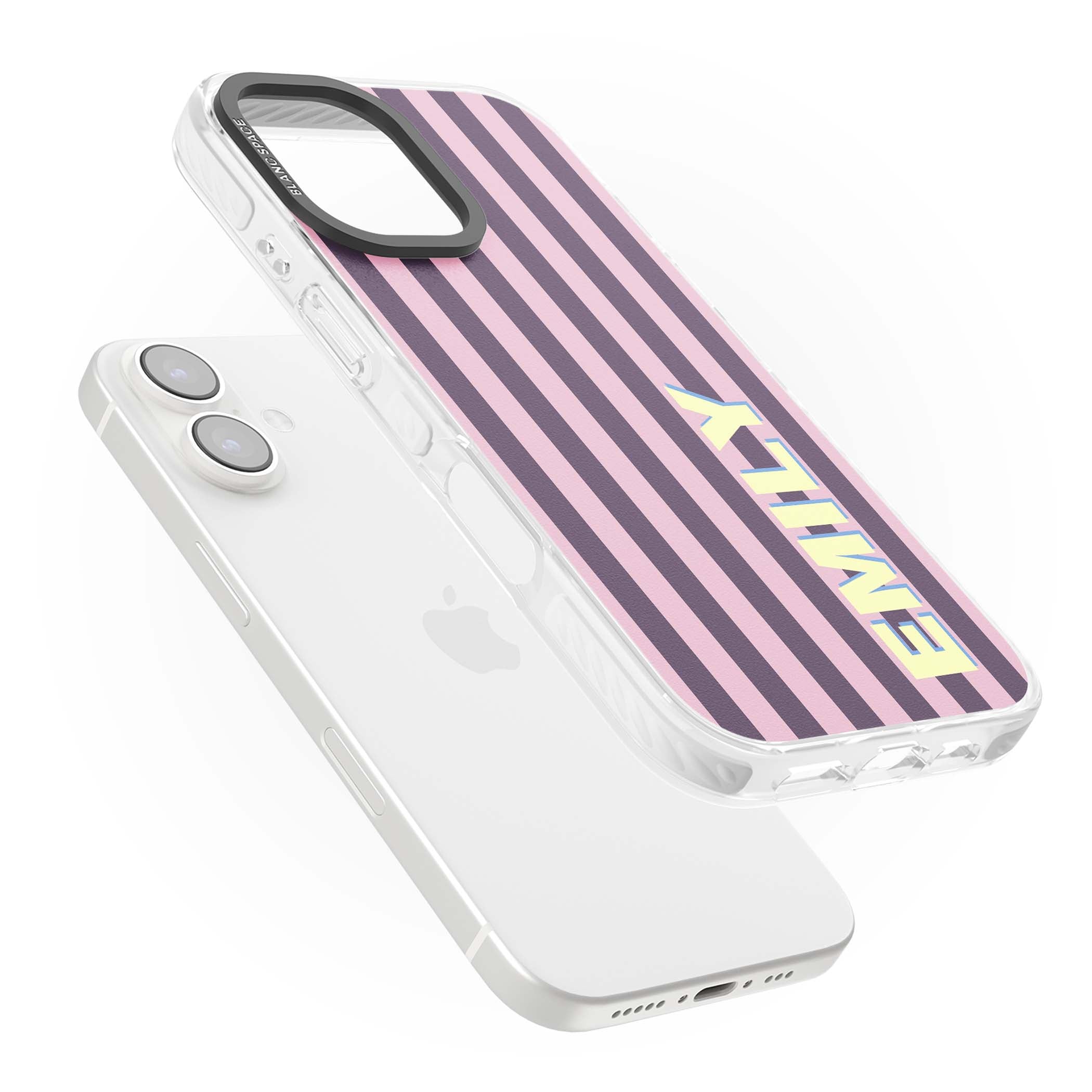 Tyre Stripe personalised stripe iPhone case with plum and pink vertical stripes and custom yellow name | Clear Impact case for iPhone 16, iPhone 16 Plus