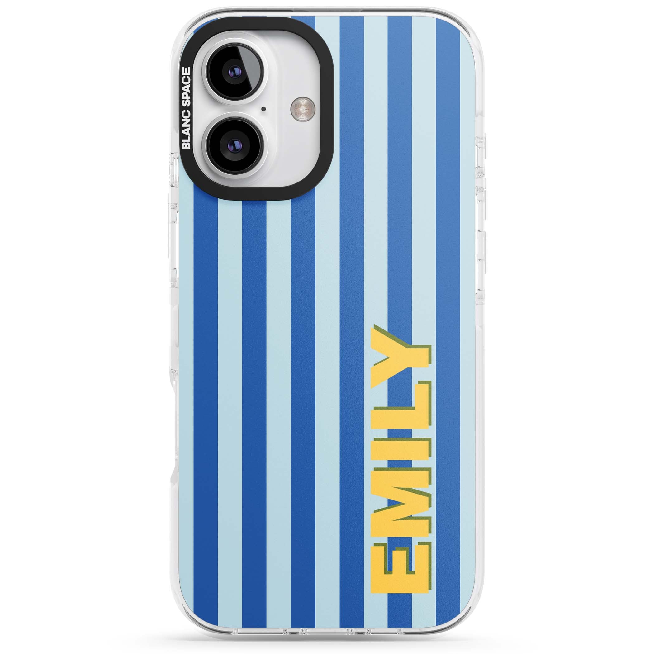 Athenian Stripe personalised preppy iPhone case featuring blue vertical stripes and a custom yellow name | Clear Impact case for iPhone 16, iPhone 16 Plus