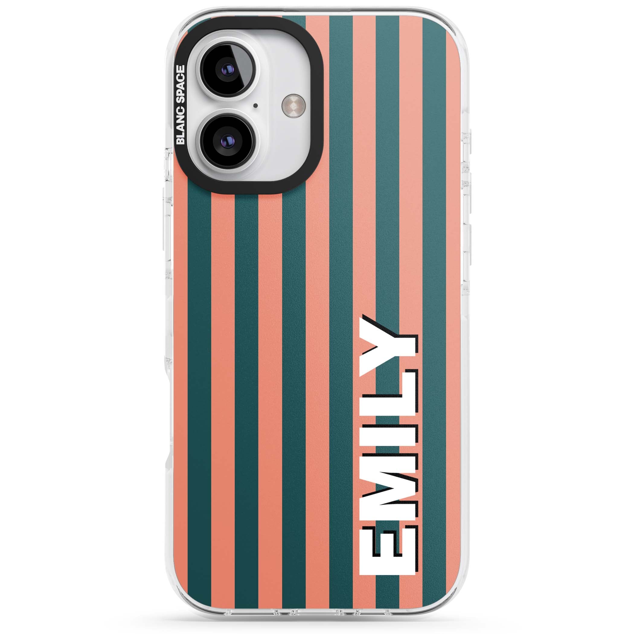 Tuscan Stripe personalised iPhone case featuring coral and green vertical stripes with bold custom name | Clear Impact case for iPhone 16, iPhone 16 Plus